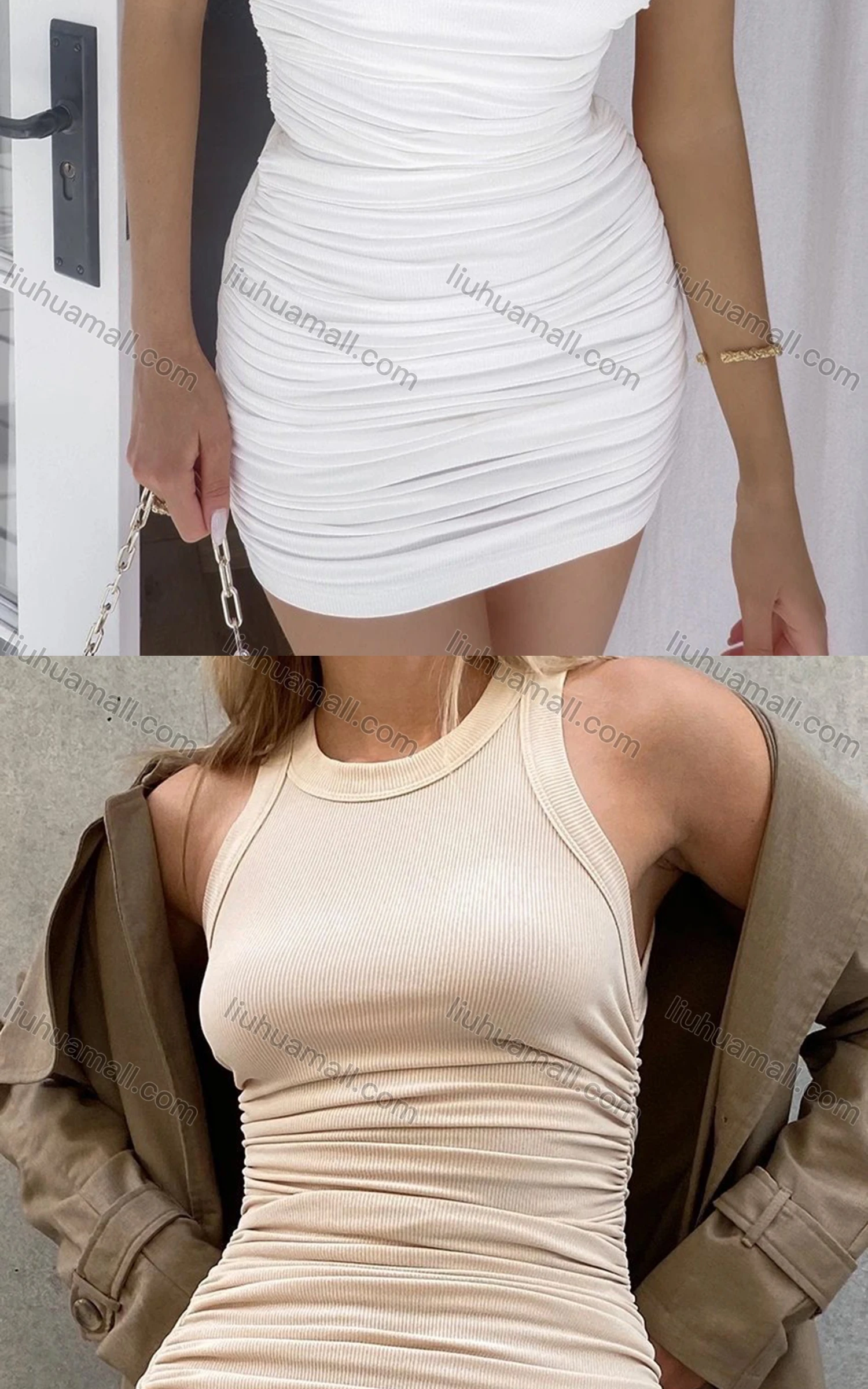 Wholesale Women's Casual Plain Ruched Rib-knit Bodycon Tank Dress - Liuhuamall