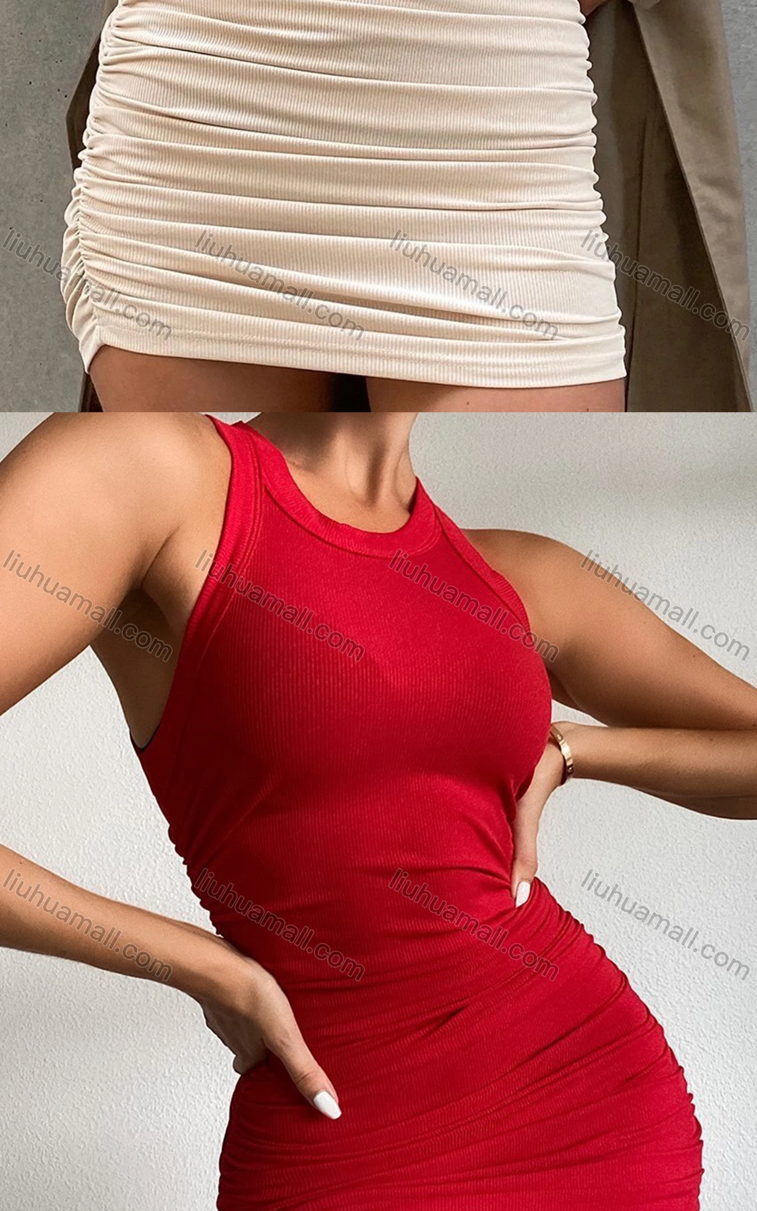 Wholesale Women's Casual Plain Ruched Rib-knit Bodycon Tank Dress - Liuhuamall