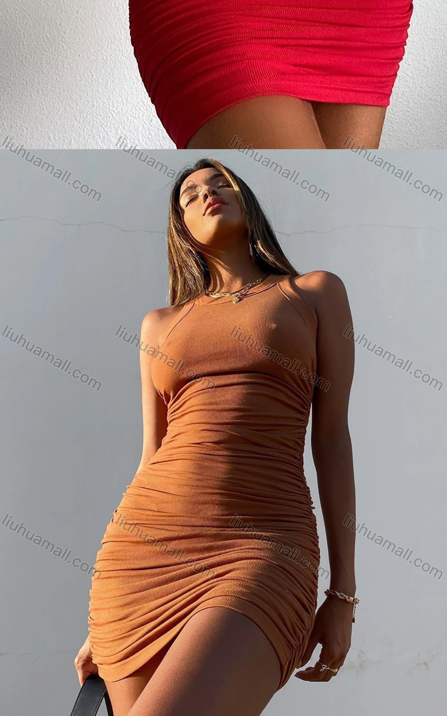 Wholesale Women's Casual Plain Ruched Rib-knit Bodycon Tank Dress - Liuhuamall