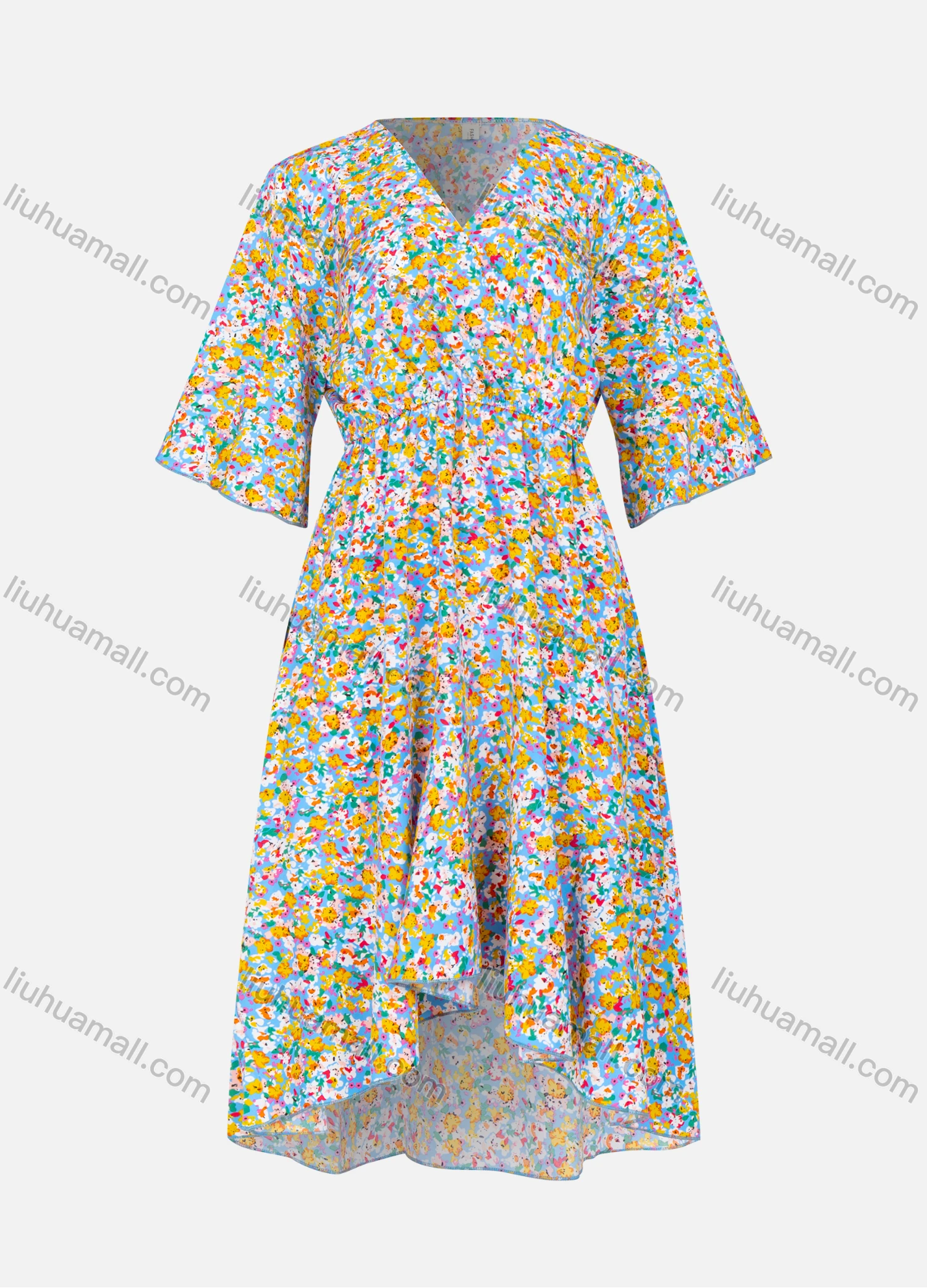 Wholesale Women's Casual Floral Print Wrap V Neck Half Sleeve High Low Ruffle Hem Midi Dress - Liuhuamall