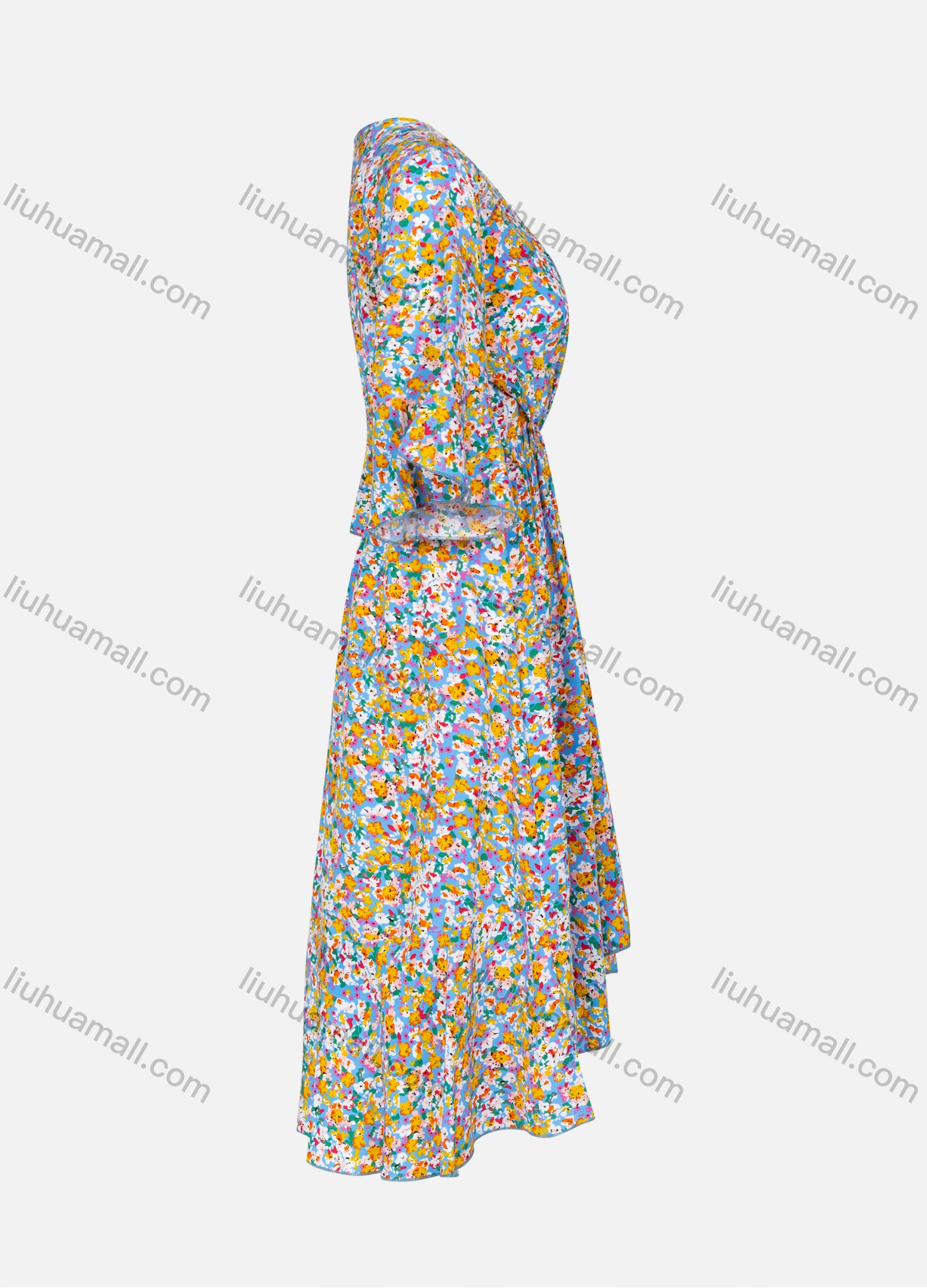 Wholesale Women's Casual Floral Print Wrap V Neck Half Sleeve High Low Ruffle Hem Midi Dress - Liuhuamall