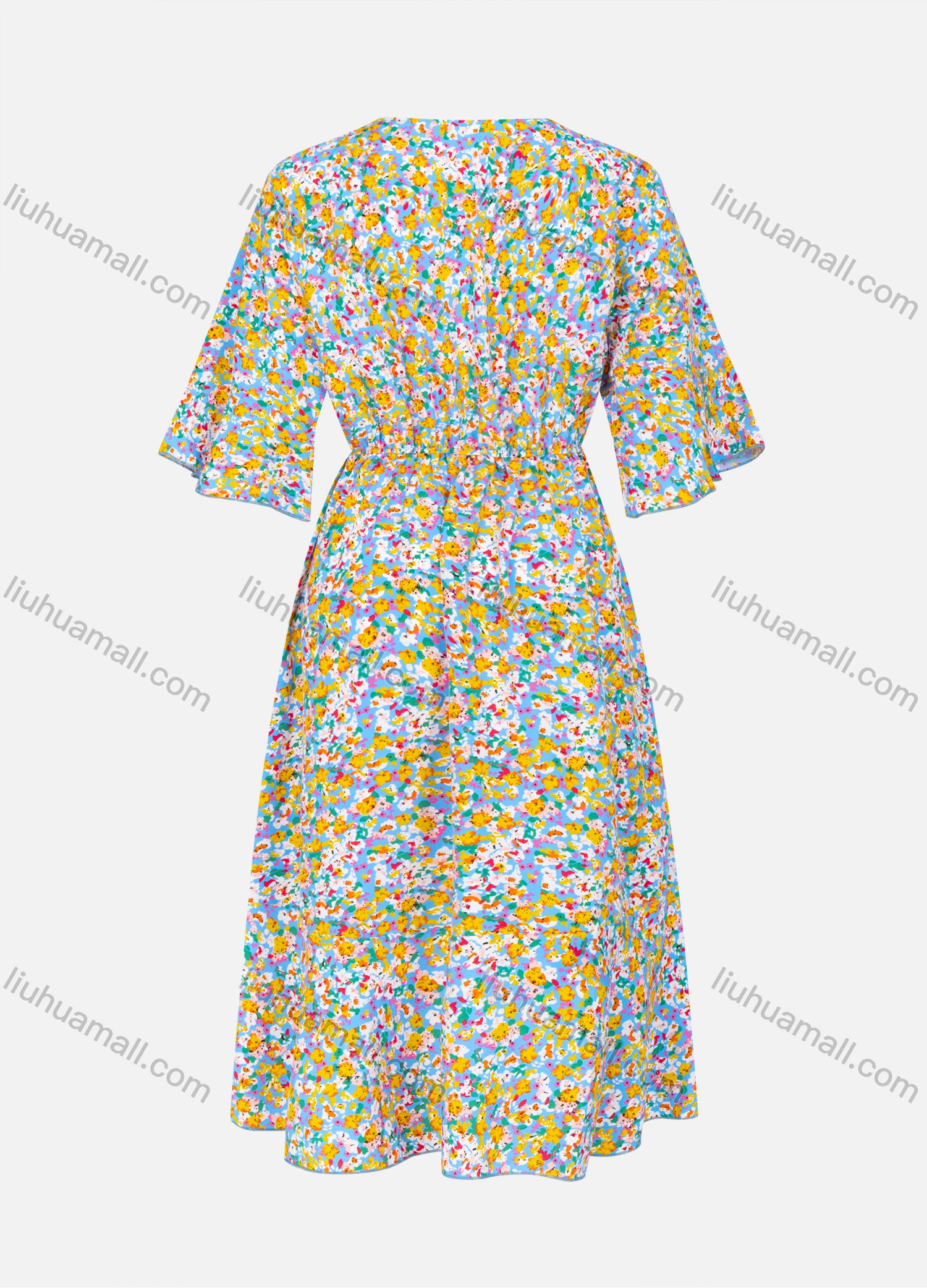 Wholesale Women's Casual Floral Print Wrap V Neck Half Sleeve High Low Ruffle Hem Midi Dress - Liuhuamall