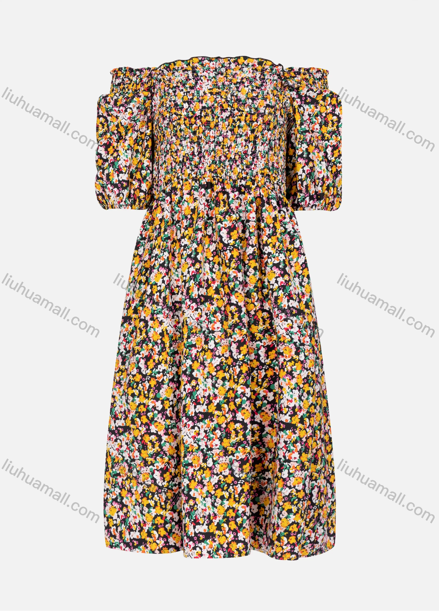 Wholesale Women's Casual Floral Allover Print Off Shoulder Ruffle Trim Shirred Midi Dress - Liuhuamall