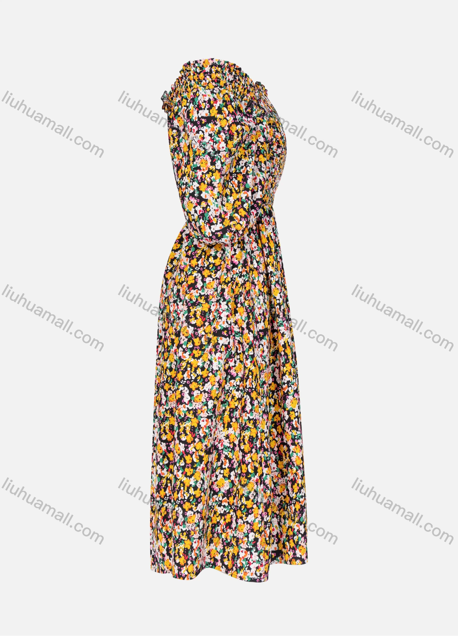 Wholesale Women's Casual Floral Allover Print Off Shoulder Ruffle Trim Shirred Midi Dress - Liuhuamall