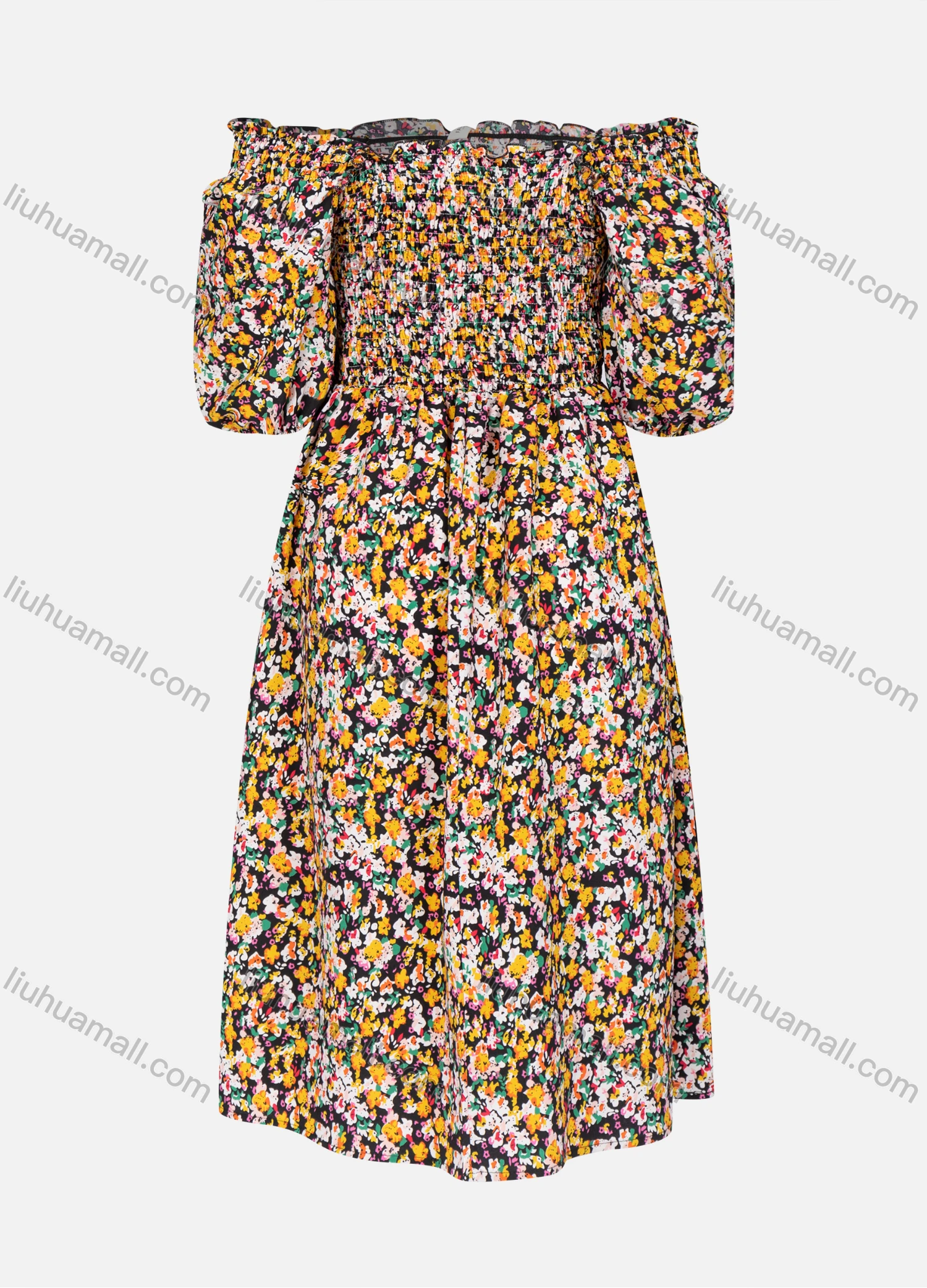 Wholesale Women's Casual Floral Allover Print Off Shoulder Ruffle Trim Shirred Midi Dress - Liuhuamall