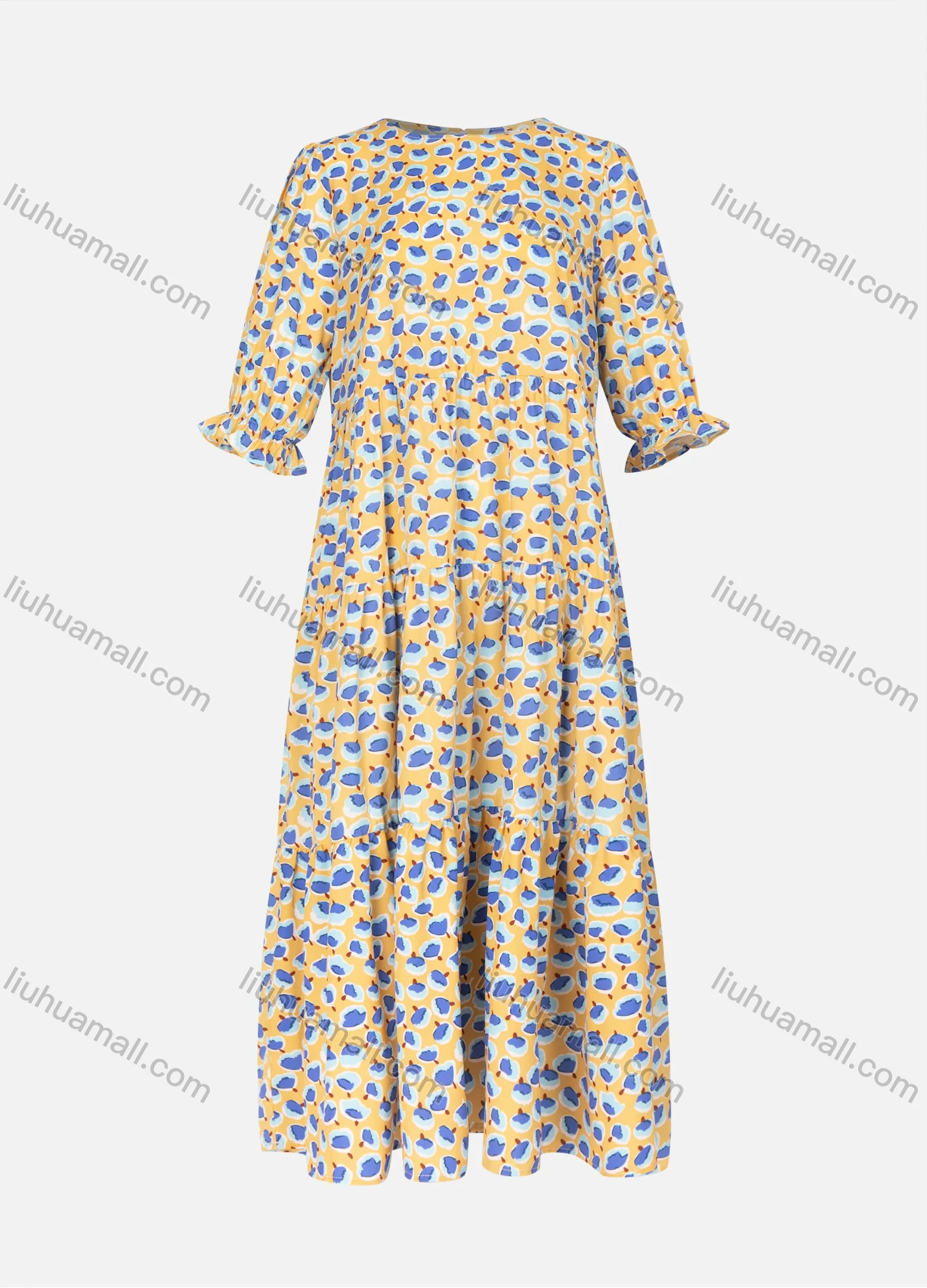 Wholesale Women's Casual Allover Print Half Sleeve Round Neck Ruffle Hem Maxi Dress - Liuhuamall