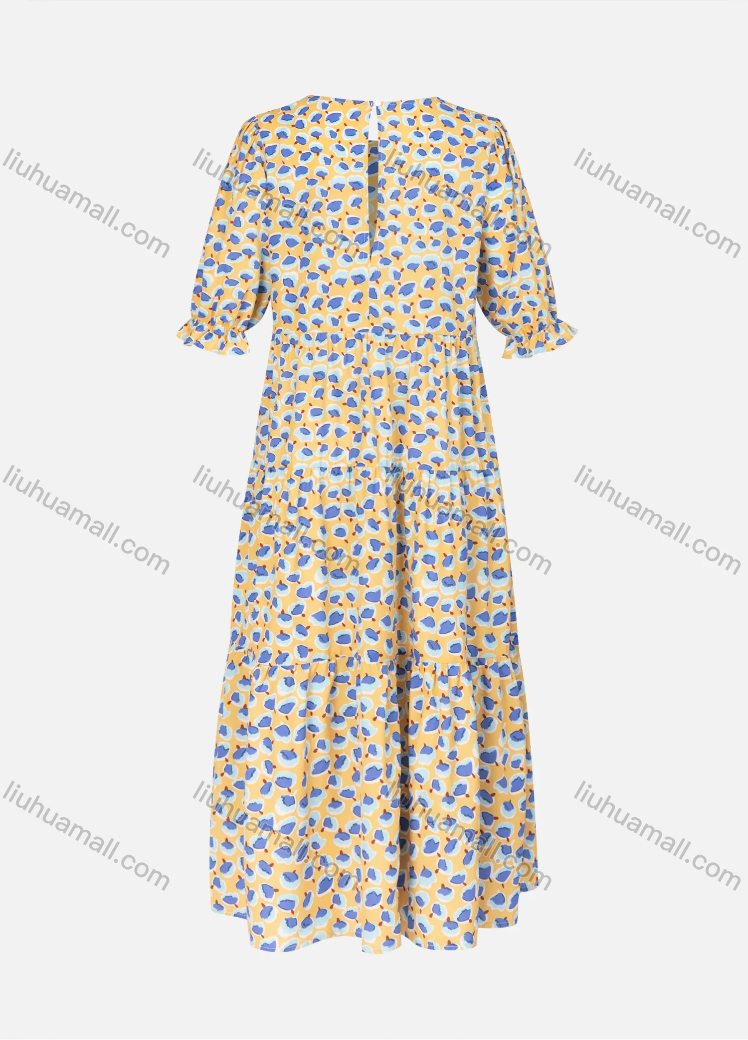 Wholesale Women's Casual Allover Print Half Sleeve Round Neck Ruffle Hem Maxi Dress - Liuhuamall