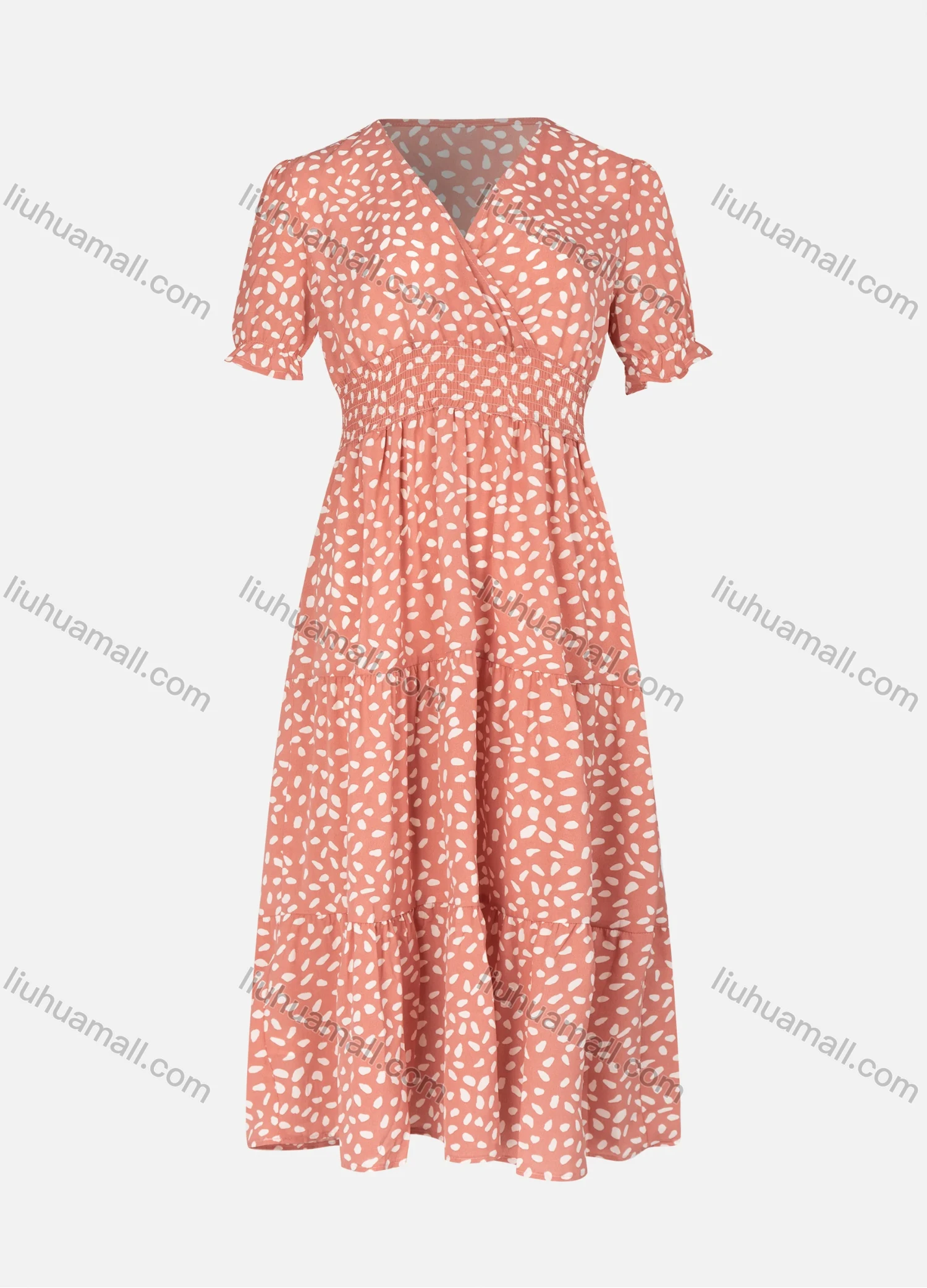 Wholesale Women's Casual Wrap V Neck Allover Print Short Sleeve Shirred Ruffle Hem Midi Dress - Liuhuamall