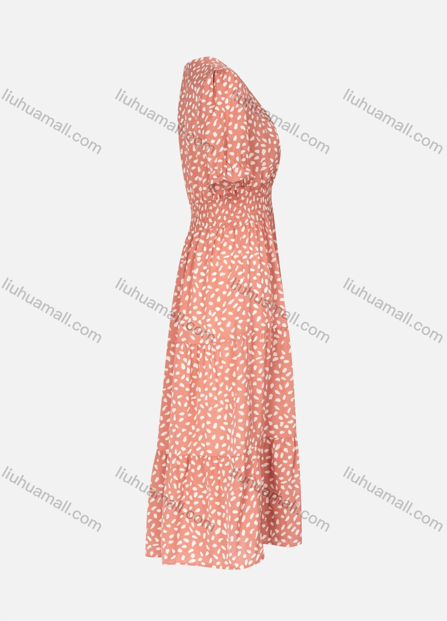 Wholesale Women's Casual Wrap V Neck Allover Print Short Sleeve Shirred Ruffle Hem Midi Dress - Liuhuamall