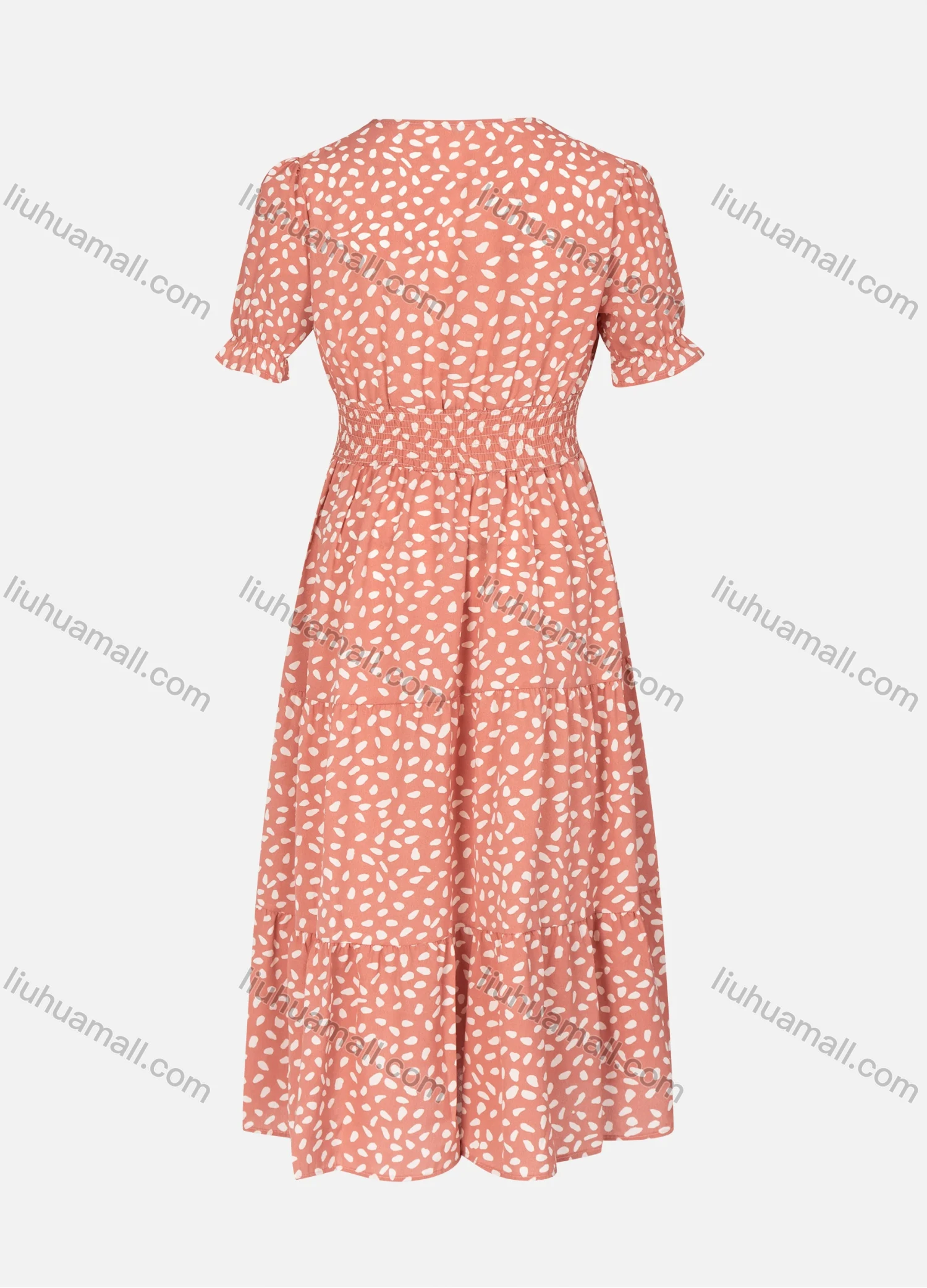 Wholesale Women's Casual Wrap V Neck Allover Print Short Sleeve Shirred Ruffle Hem Midi Dress - Liuhuamall