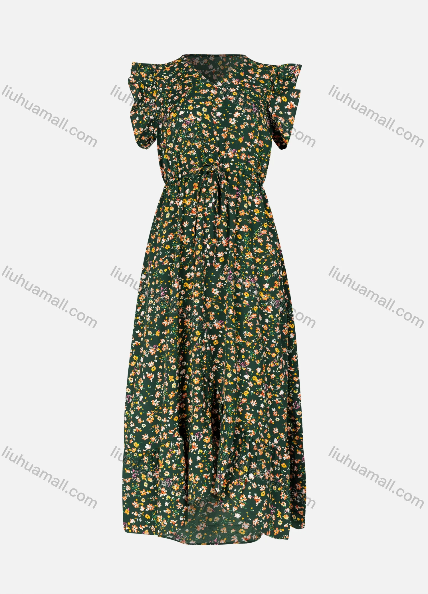 Wholesale Women's Casual Floral Allover Print V Neck Ruffle Sleeve High Waist Ruffle Hem Maxi Dress - Liuhuamall