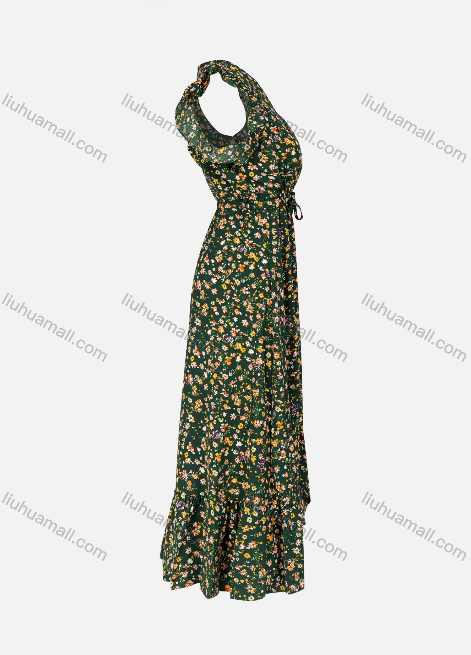 Wholesale Women's Casual Floral Allover Print V Neck Ruffle Sleeve High Waist Ruffle Hem Maxi Dress - Liuhuamall