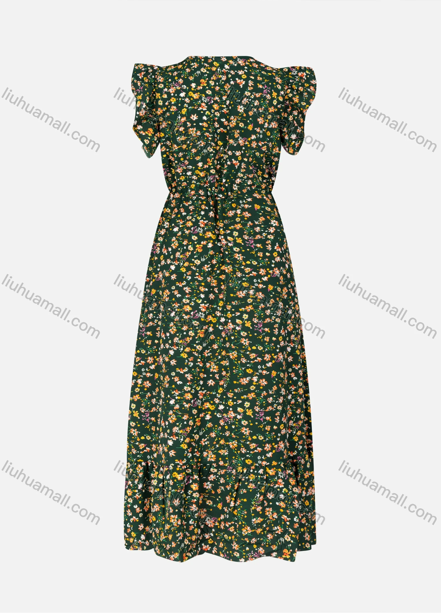 Wholesale Women's Casual Floral Allover Print V Neck Ruffle Sleeve High Waist Ruffle Hem Maxi Dress - Liuhuamall