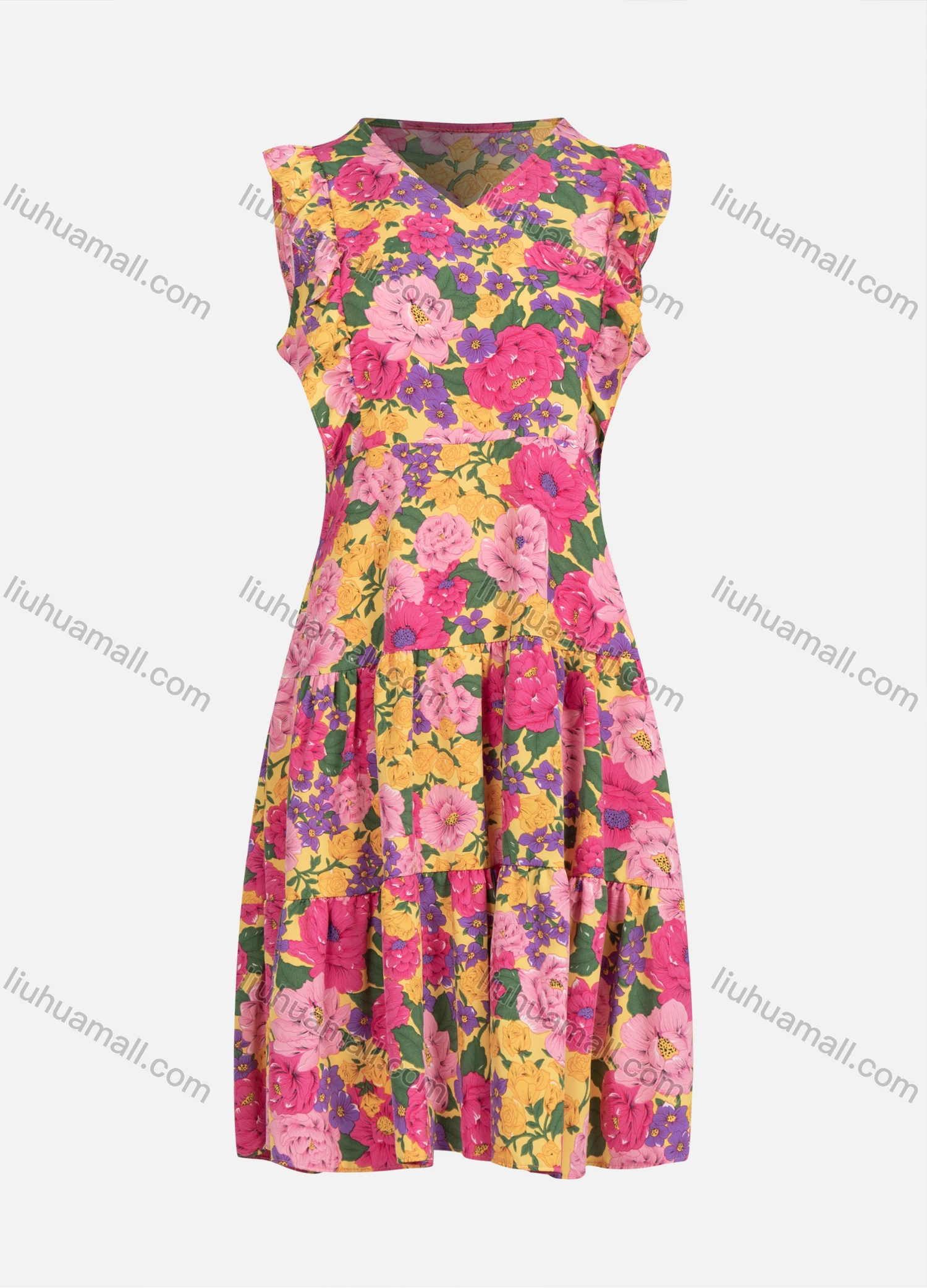 Wholesale Women's Casual V Neck Floral Allover Print Ruffle Trim Ruffle Hem Midi Tank Dress - Liuhuamall