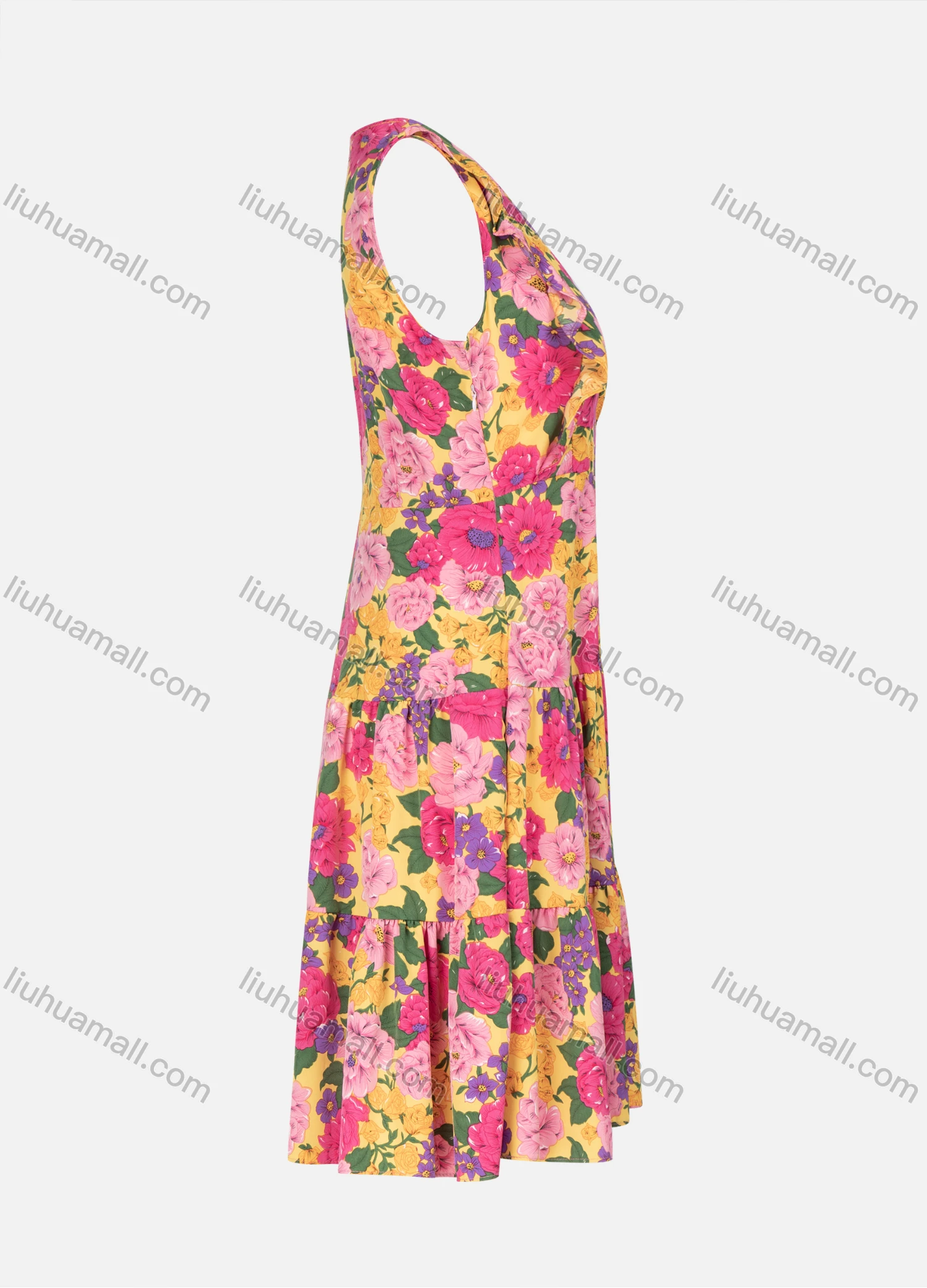 Wholesale Women's Casual V Neck Floral Allover Print Ruffle Trim Ruffle Hem Midi Tank Dress - Liuhuamall
