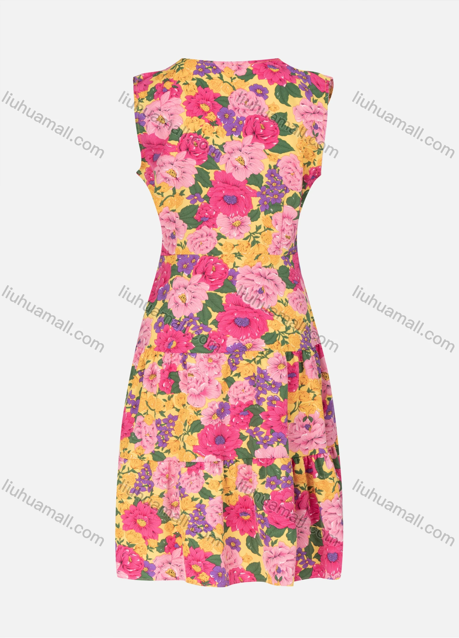 Wholesale Women's Casual V Neck Floral Allover Print Ruffle Trim Ruffle Hem Midi Tank Dress - Liuhuamall