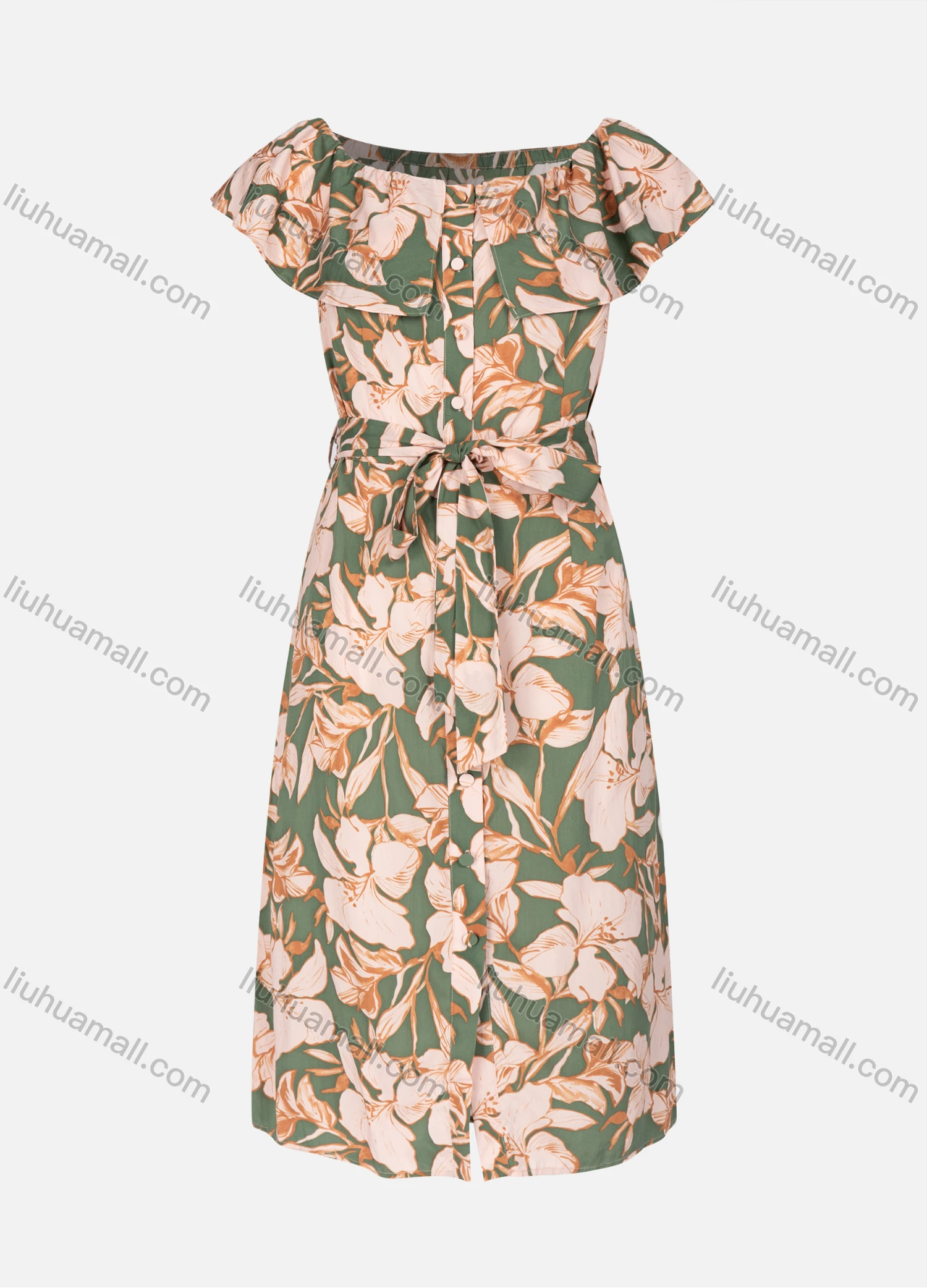 Wholesale Women's Casual Floral Allover Print Bateau Neck Ruffle Trim Buttons Down Maxi Dress With Belt - Liuhuamall