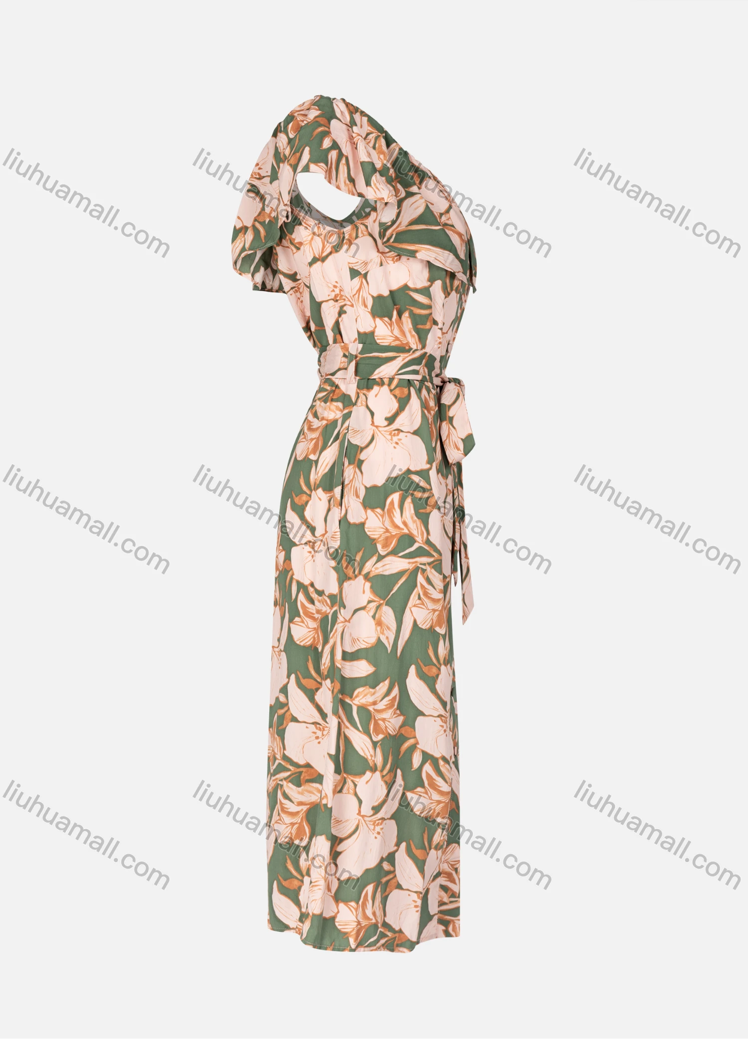 Wholesale Women's Casual Floral Allover Print Bateau Neck Ruffle Trim Buttons Down Maxi Dress With Belt - Liuhuamall