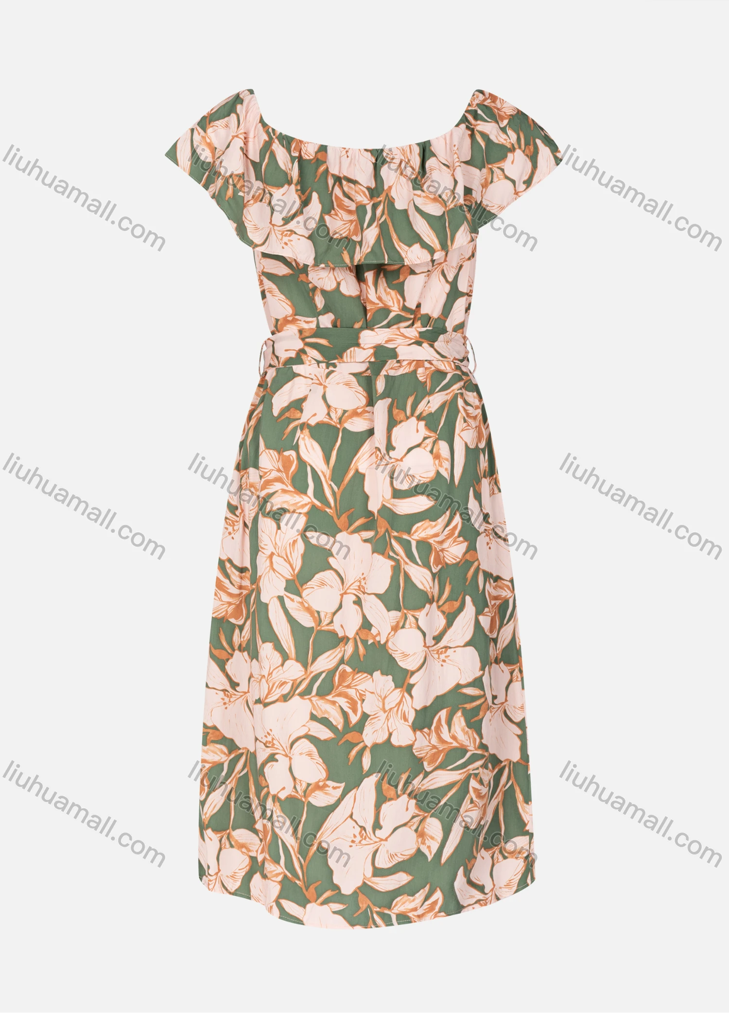 Wholesale Women's Casual Floral Allover Print Bateau Neck Ruffle Trim Buttons Down Maxi Dress With Belt - Liuhuamall