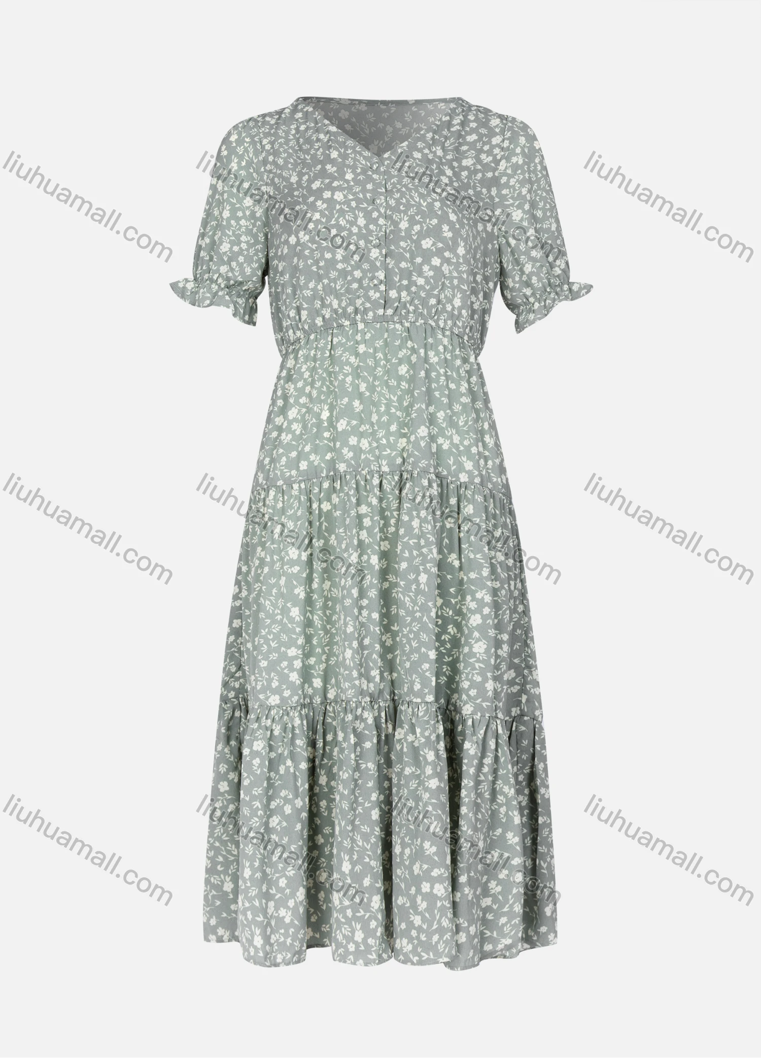 Wholesale Women's Casual Floral V Neck Allover Print Half Sleeve Buttons Front Ruffle Hem Maxi Dress - Liuhuamall