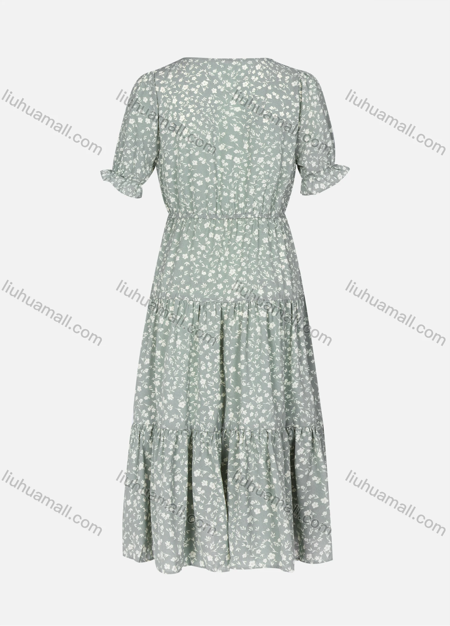 Wholesale Women's Casual Floral V Neck Allover Print Half Sleeve Buttons Front Ruffle Hem Maxi Dress - Liuhuamall