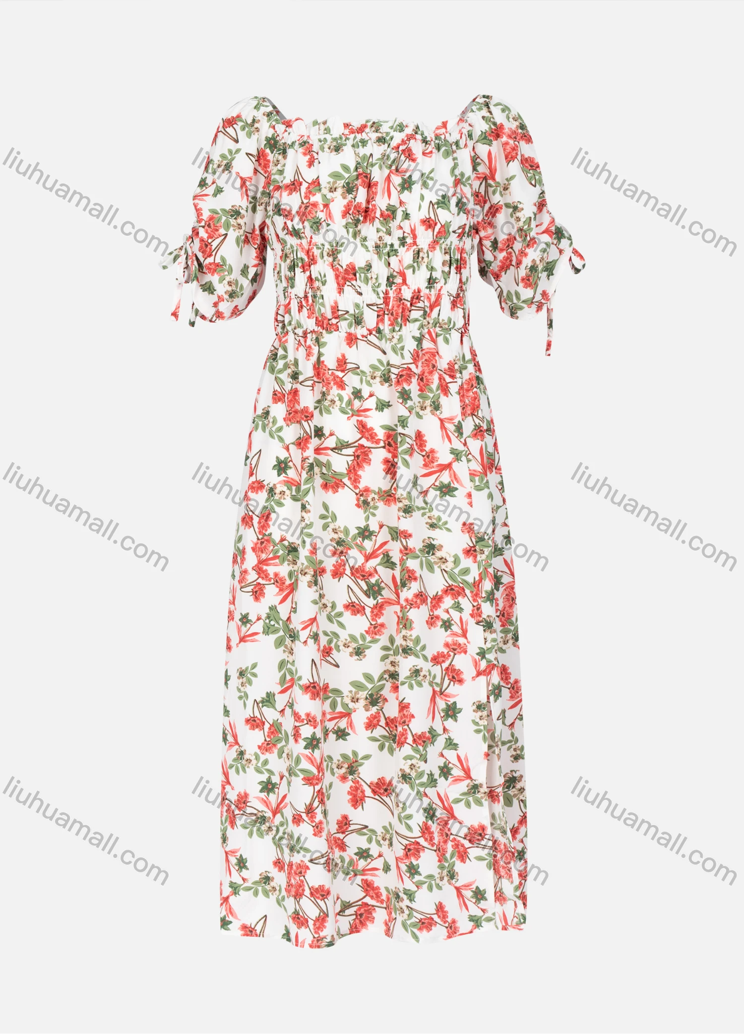 Wholesale Women's Casual Floral Allover Print Bateau Neck Ruffle Trim Split Hem Maxi Dress - Liuhuamall