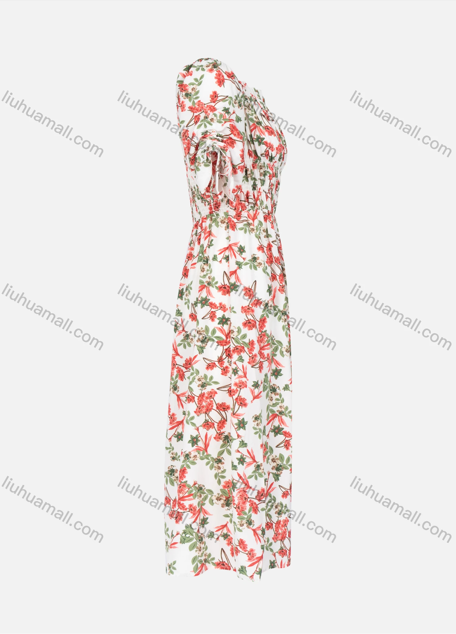 Wholesale Women's Casual Floral Allover Print Bateau Neck Ruffle Trim Split Hem Maxi Dress - Liuhuamall