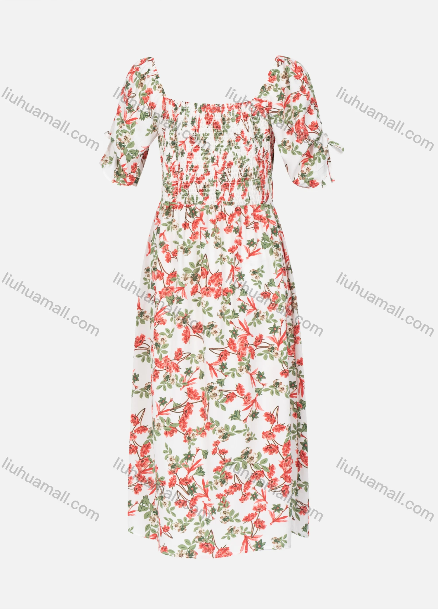 Wholesale Women's Casual Floral Allover Print Bateau Neck Ruffle Trim Split Hem Maxi Dress - Liuhuamall