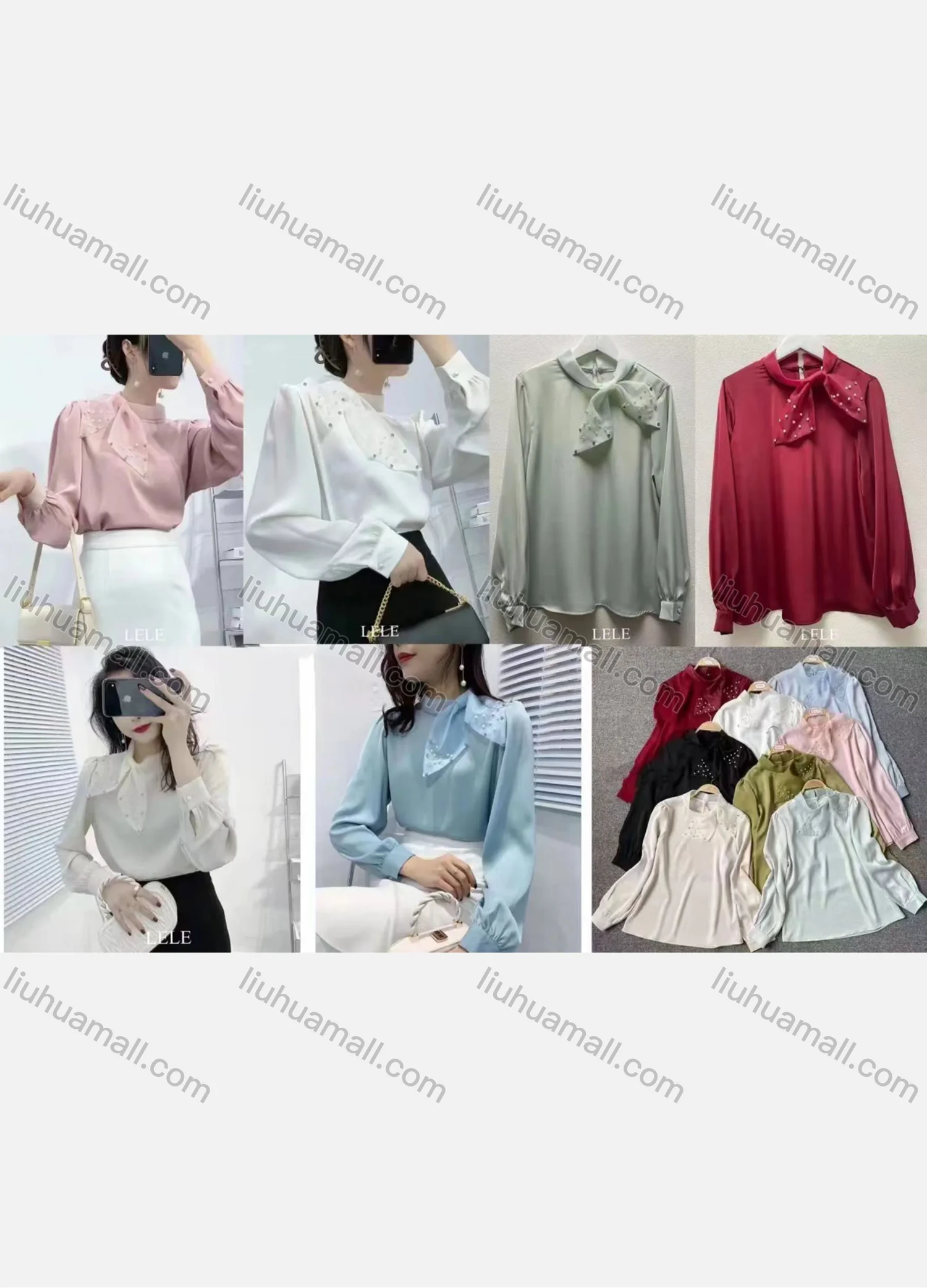 Wholesale Women's Casual Plain Tie Neck Long Sleeve Rhinestone Silk Blouse 285# - Liuhuamall