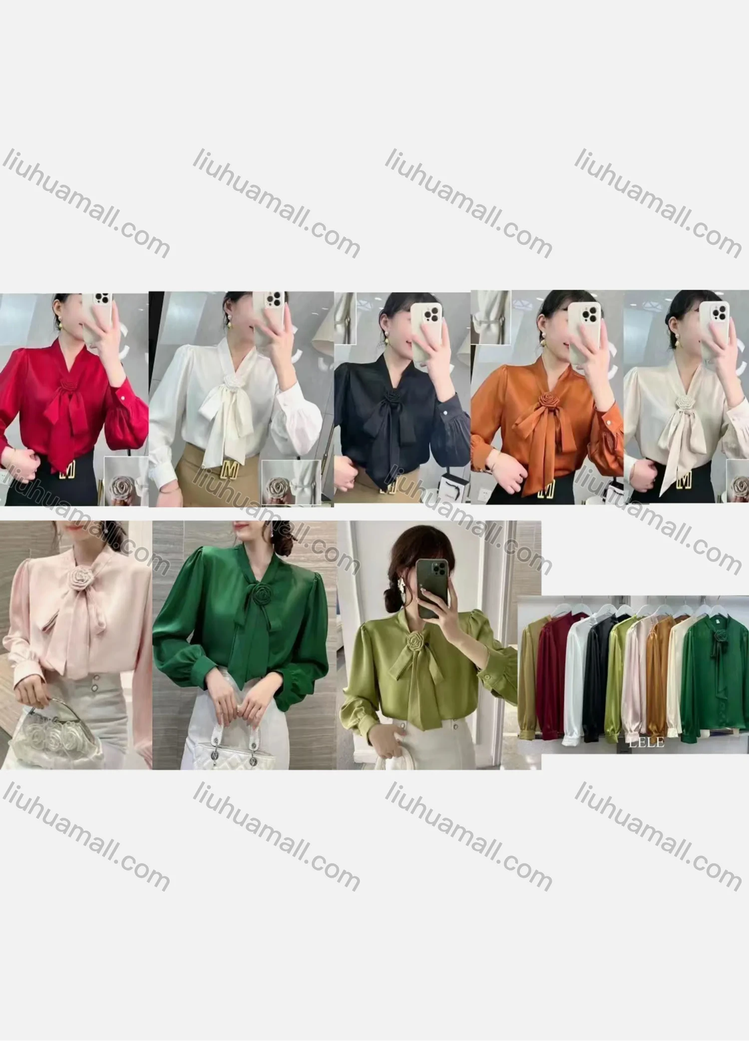 Wholesale Women's Casual Plain Tie Neck Long Sleeve 3D Flower Silk Blouse 295# - Liuhuamall