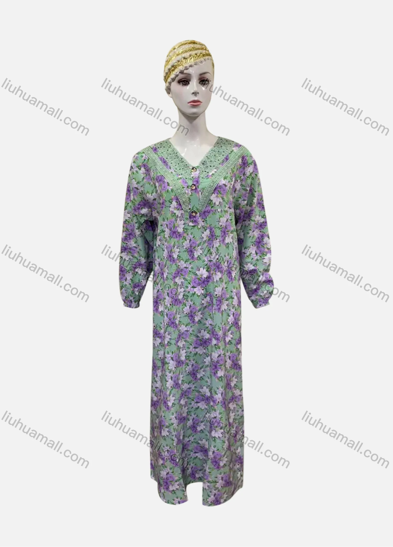 Wholesale Women's Vintage Muslim Long Sleeve Embroidery Button Decor Abaya Dress A3635# - Liuhuamall
