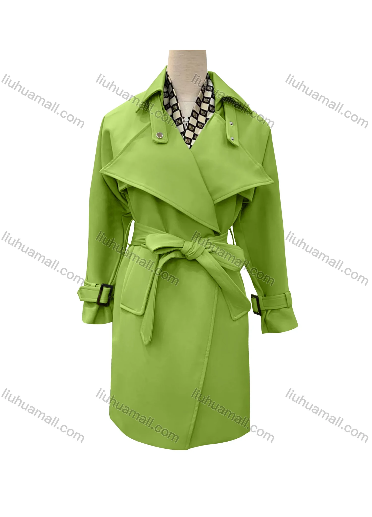 Wholesale Women's Casual Plain Lapel Long Sleeve Wrap With Belt - Liuhuamall