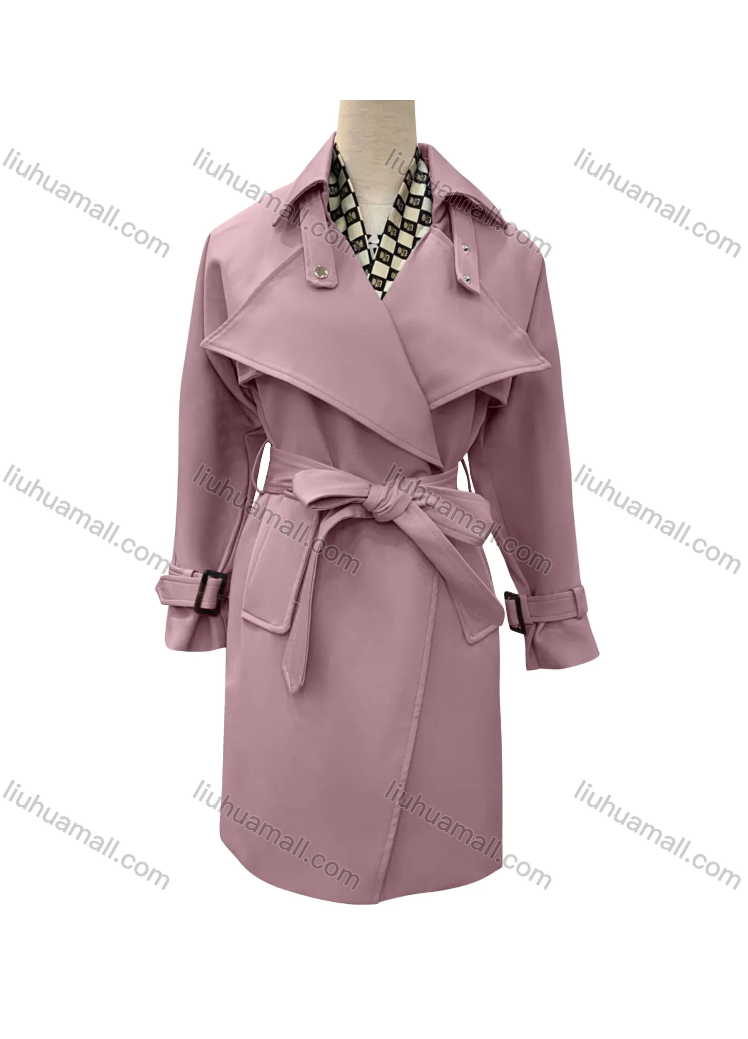 Wholesale Women's Casual Plain Lapel Long Sleeve Wrap With Belt - Liuhuamall