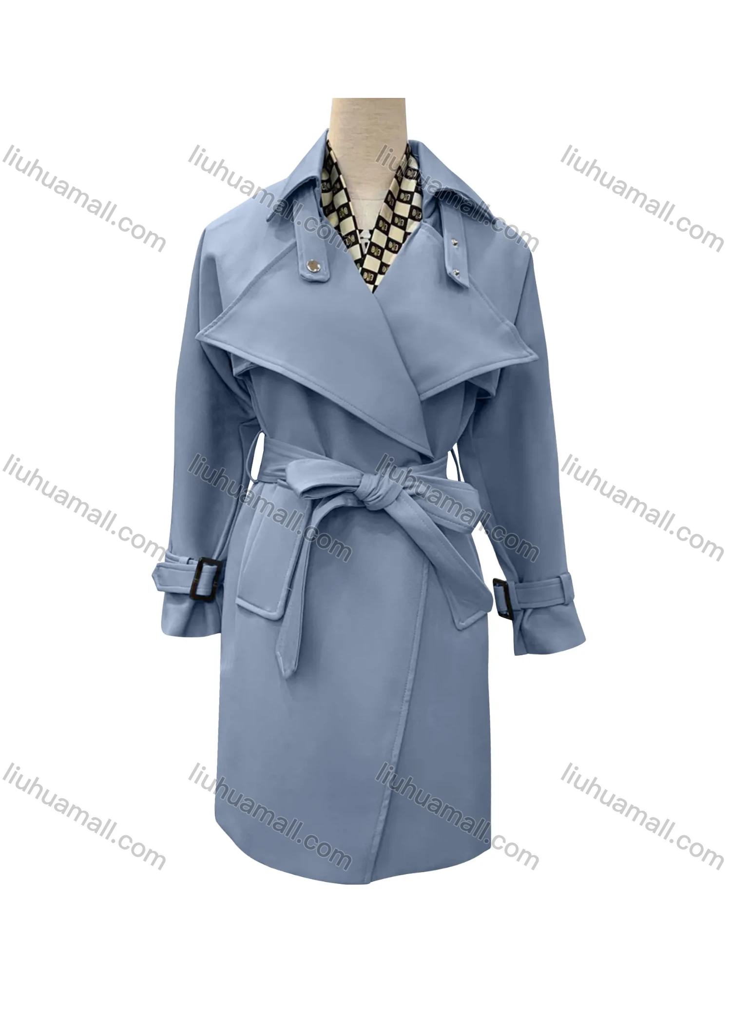 Wholesale Women's Casual Plain Lapel Long Sleeve Wrap With Belt - Liuhuamall