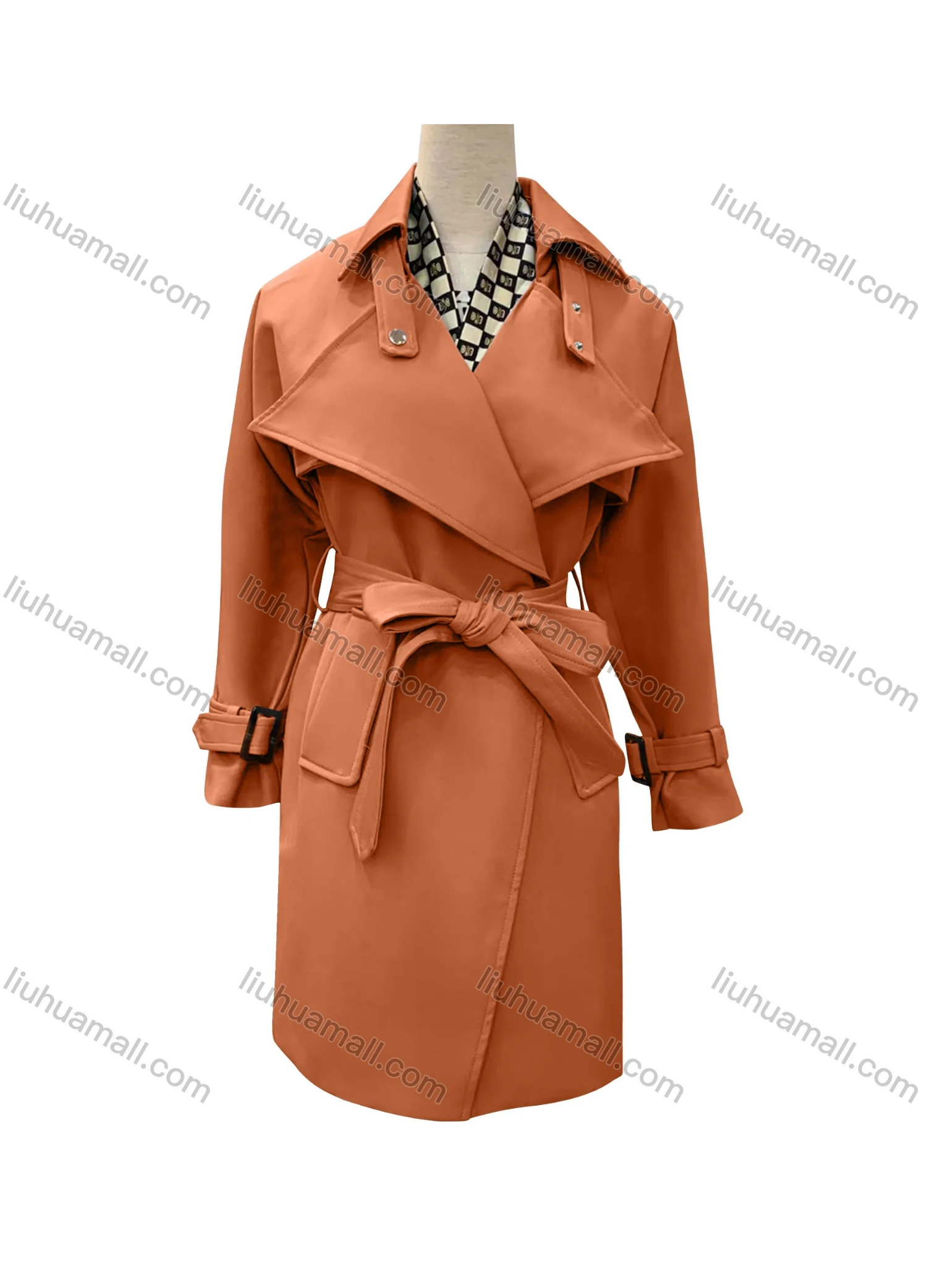 Wholesale Women's Casual Plain Lapel Long Sleeve Wrap With Belt - Liuhuamall