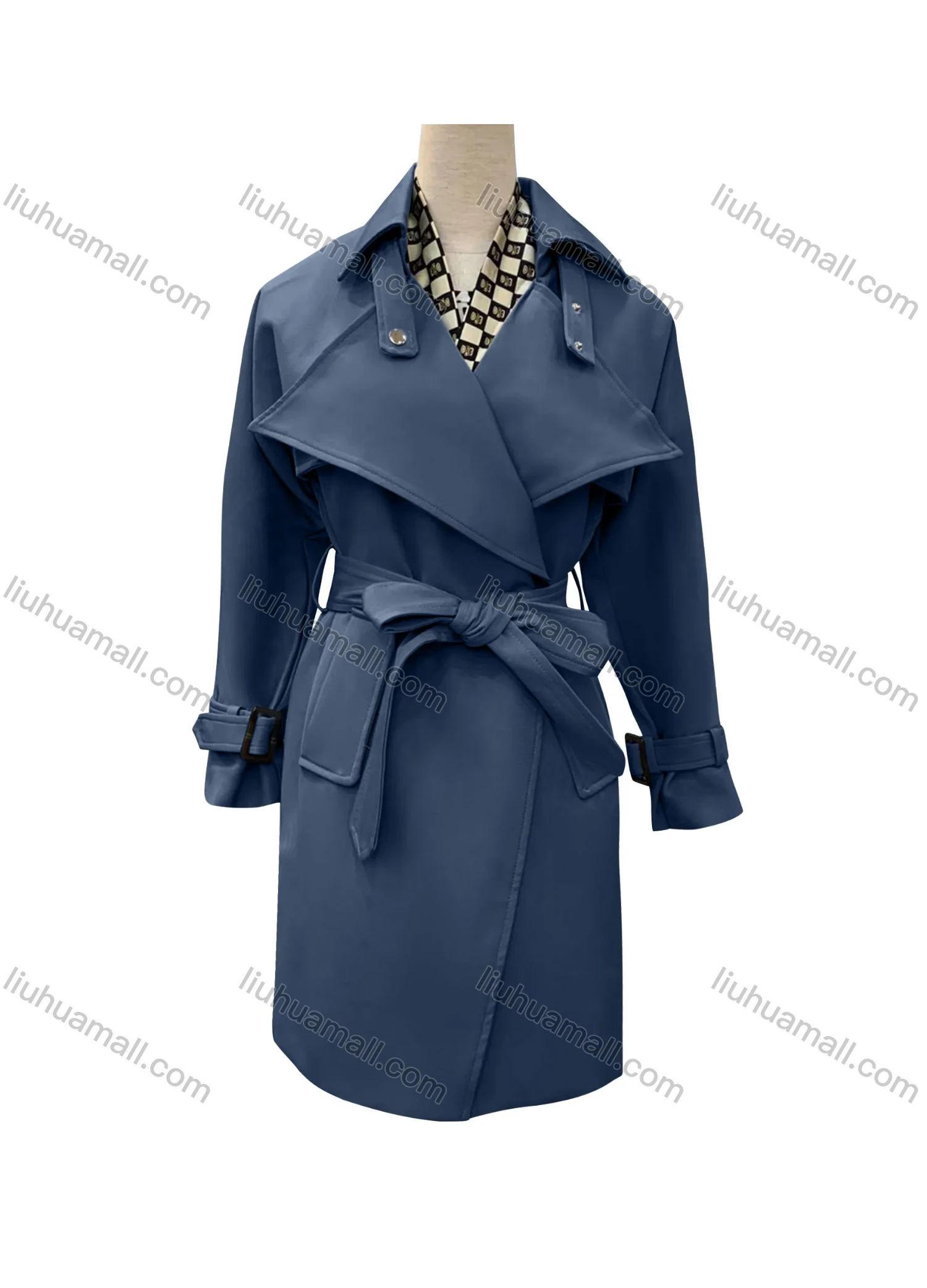 Wholesale Women's Casual Plain Lapel Long Sleeve Wrap With Belt - Liuhuamall