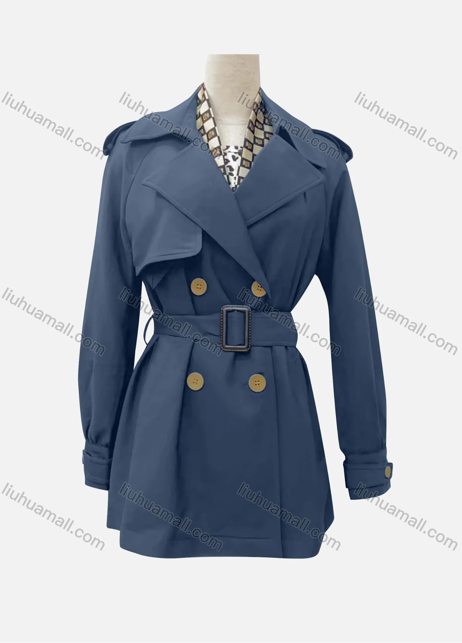 Wholesale Women's Casual Plain Lapel Long Sleeve Double Breasted Trench Coat With Belt - Liuhuamall