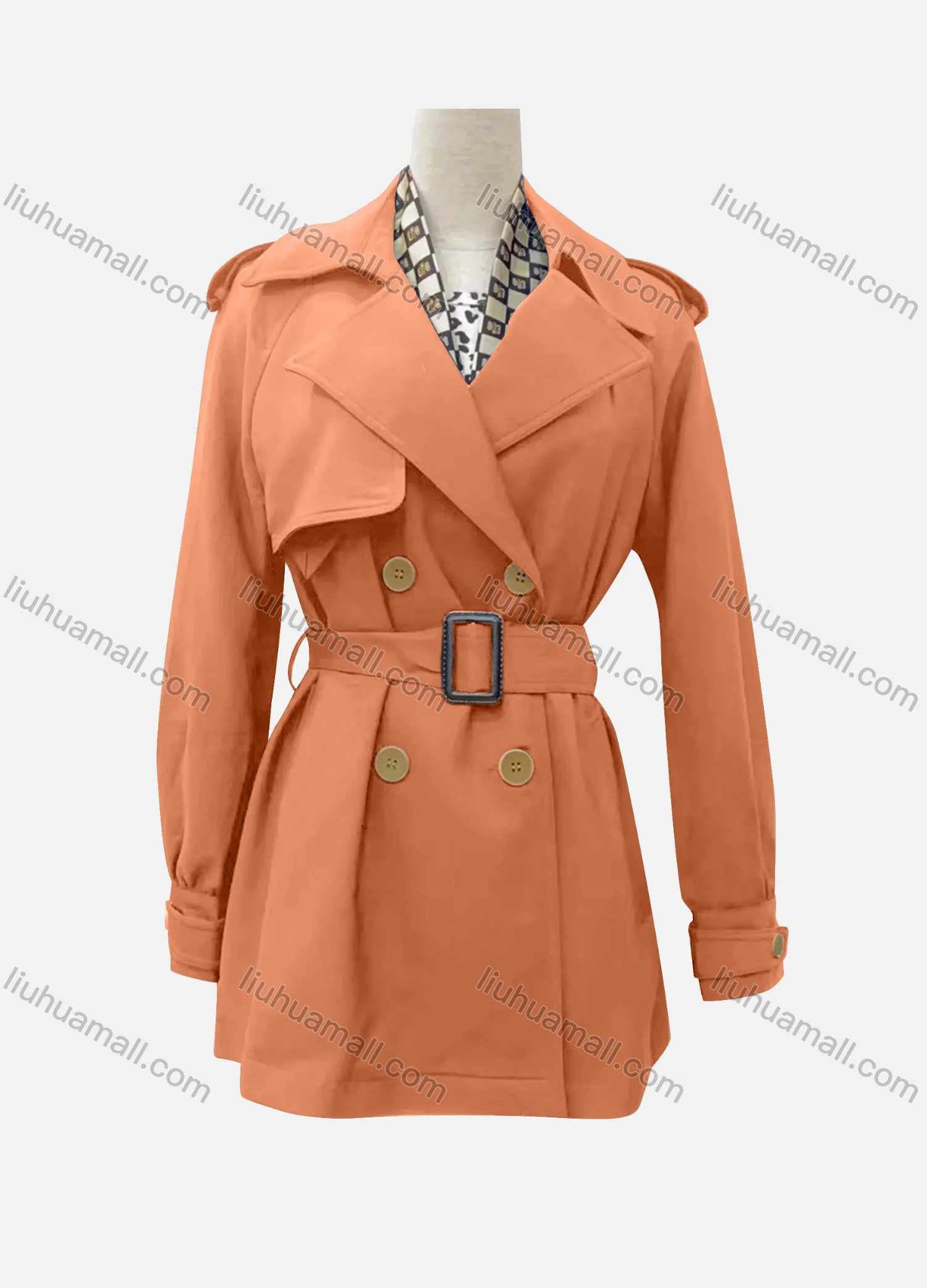 Wholesale Women's Casual Plain Lapel Long Sleeve Double Breasted Trench Coat With Belt - Liuhuamall