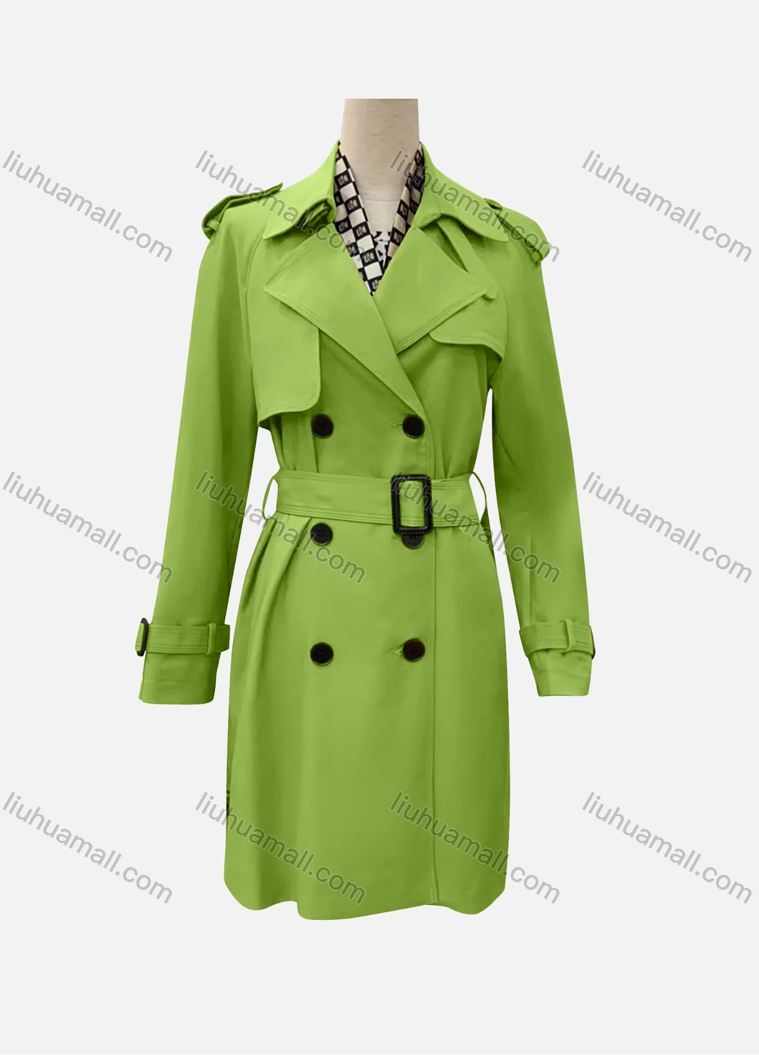 Wholesale Women's Casual Plain Lapel Long Sleeve Double Breasted Trench Coat With Belt - Liuhuamall