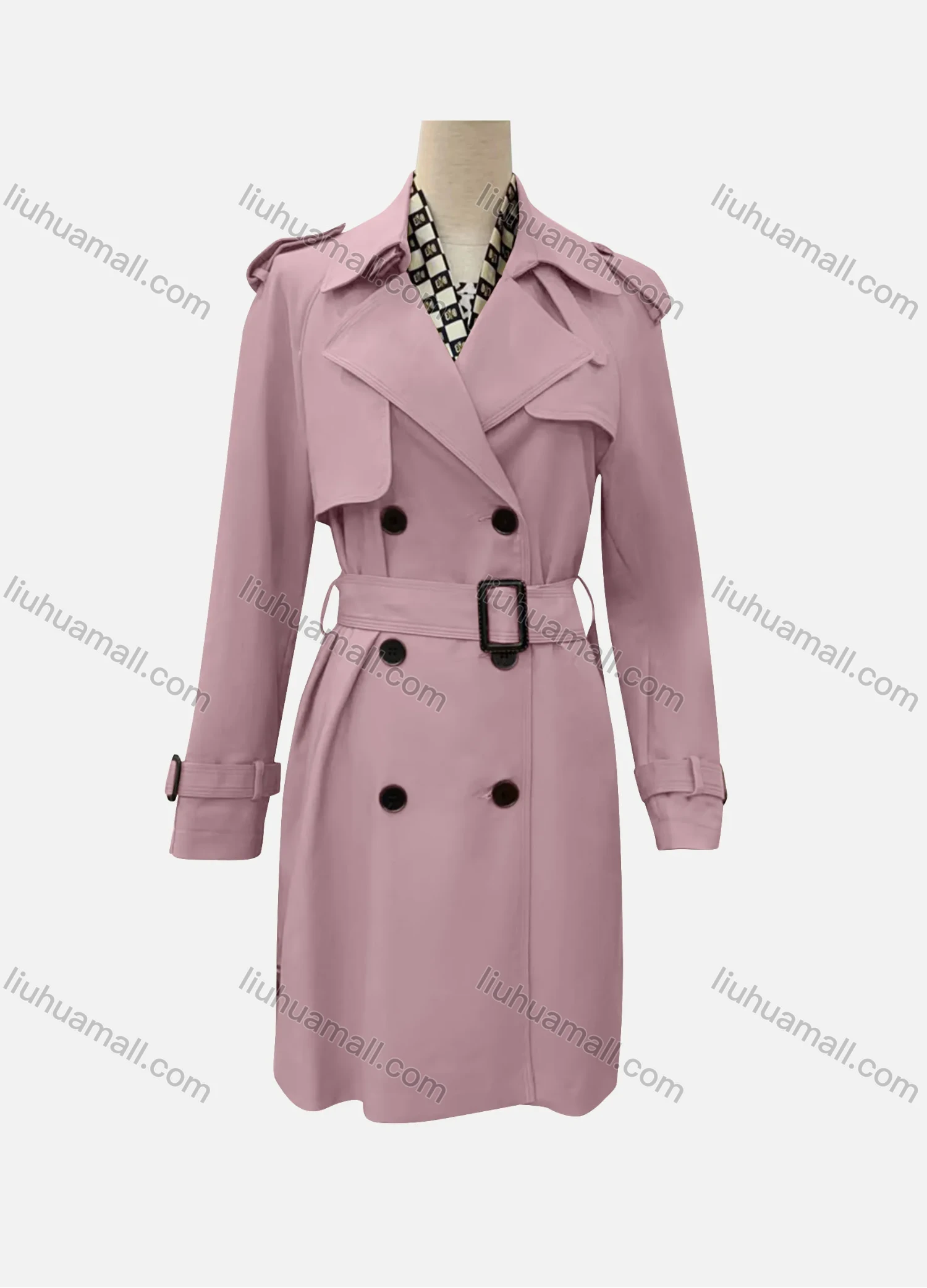 Wholesale Women's Casual Plain Lapel Long Sleeve Double Breasted Trench Coat With Belt - Liuhuamall