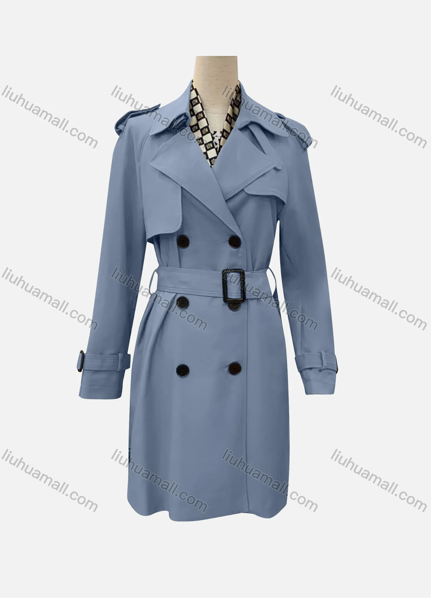 Wholesale Women's Casual Plain Lapel Long Sleeve Double Breasted Trench Coat With Belt - Liuhuamall