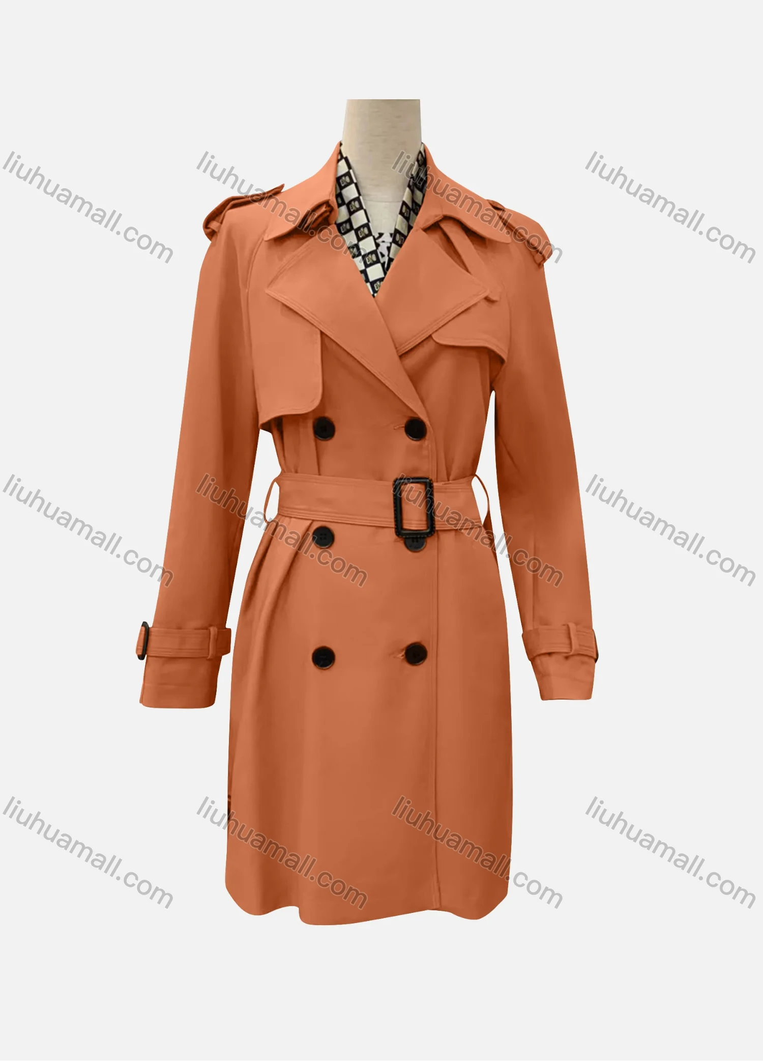 Wholesale Women's Casual Plain Lapel Long Sleeve Double Breasted Trench Coat With Belt - Liuhuamall