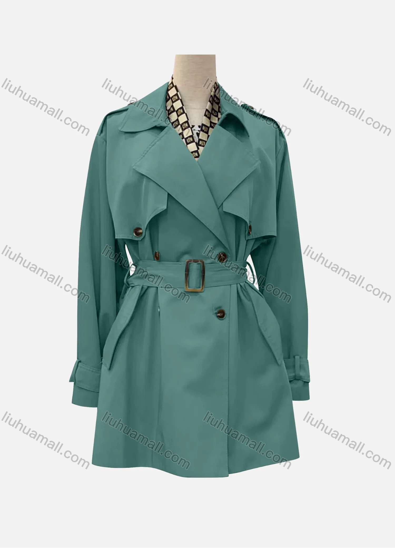 Wholesale Women's Casual Plain Lapel Long Sleeve Double Breasted Trench Coat With Belt - Liuhuamall