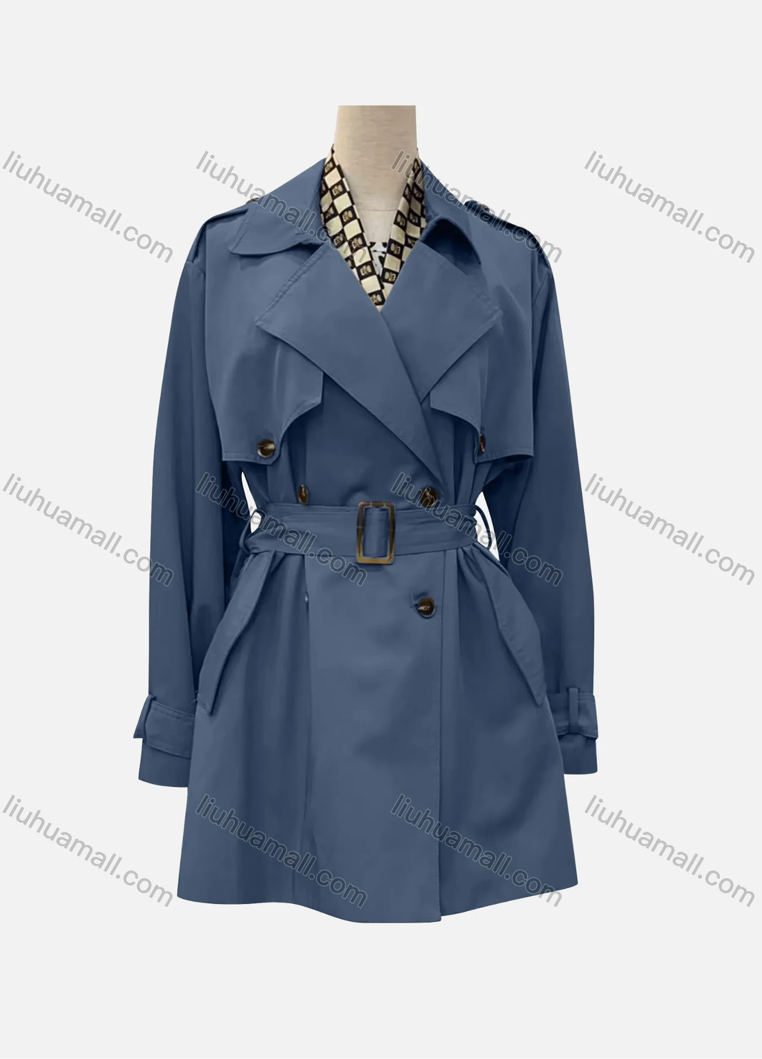 Wholesale Women's Casual Plain Lapel Long Sleeve Double Breasted Trench Coat With Belt - Liuhuamall