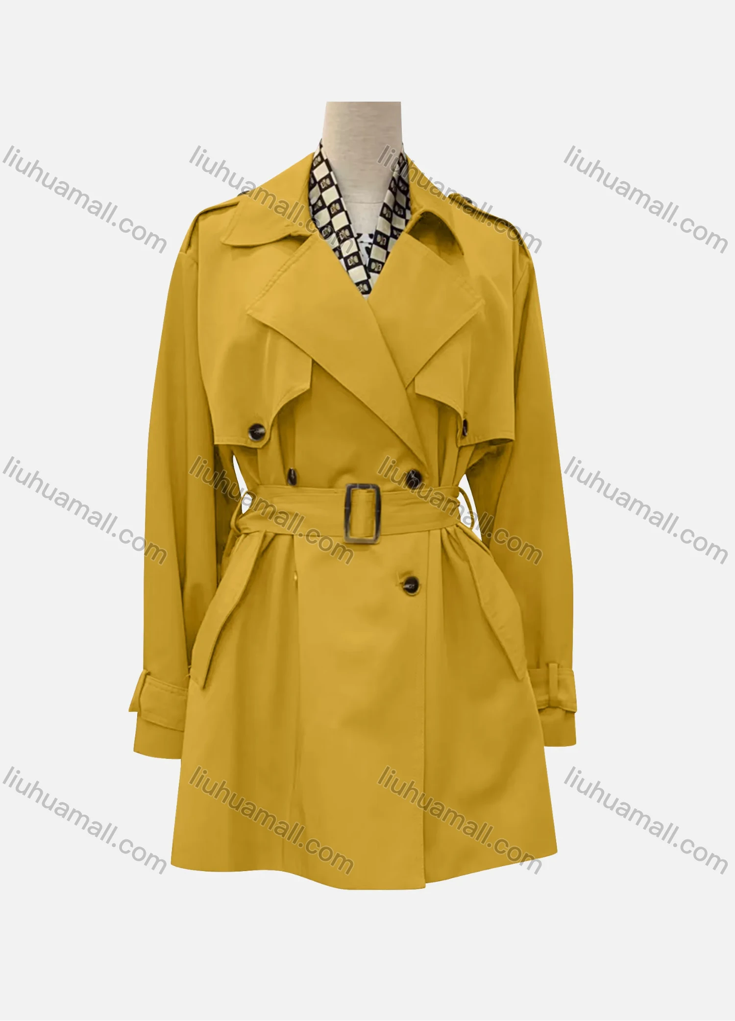 Wholesale Women's Casual Plain Lapel Long Sleeve Double Breasted Trench Coat With Belt - Liuhuamall