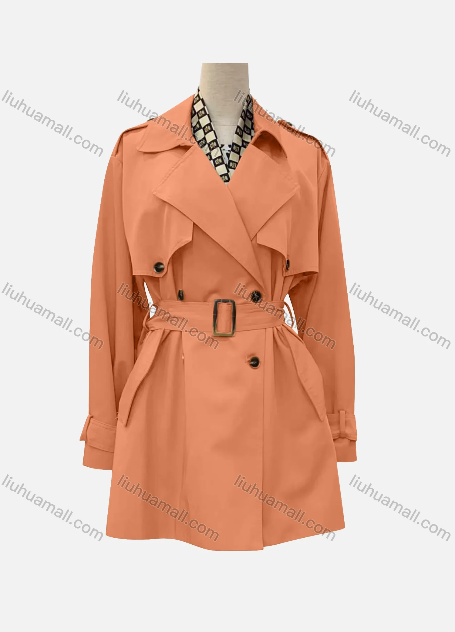 Wholesale Women's Casual Plain Lapel Long Sleeve Double Breasted Trench Coat With Belt - Liuhuamall