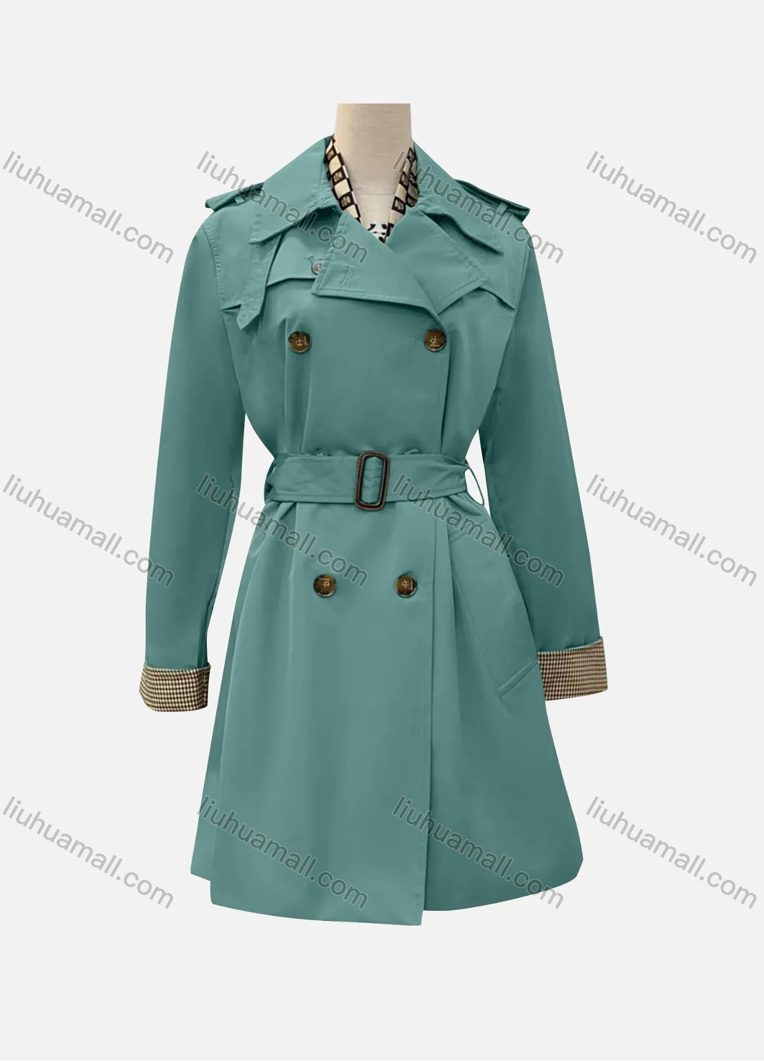 Wholesale Women's Casual Plain Lapel Long Sleeve Double Breasted Trench Coat With Belt - Liuhuamall