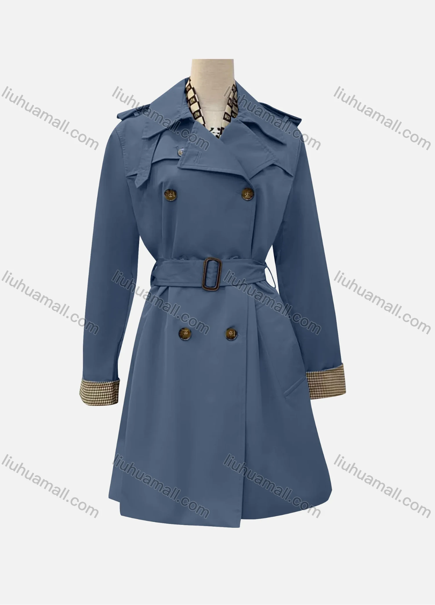 Wholesale Women's Casual Plain Lapel Long Sleeve Double Breasted Trench Coat With Belt - Liuhuamall