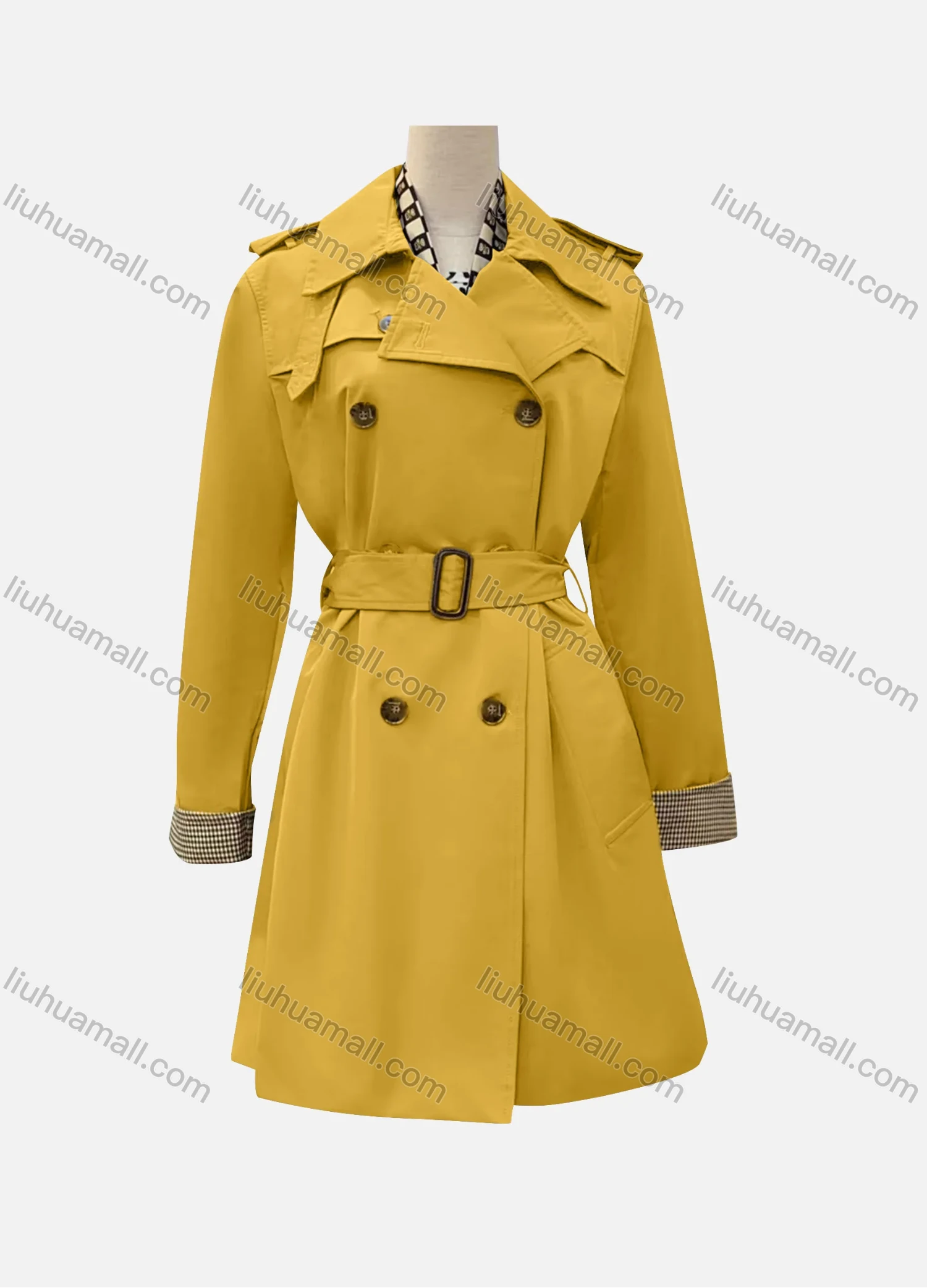 Wholesale Women's Casual Plain Lapel Long Sleeve Double Breasted Trench Coat With Belt - Liuhuamall