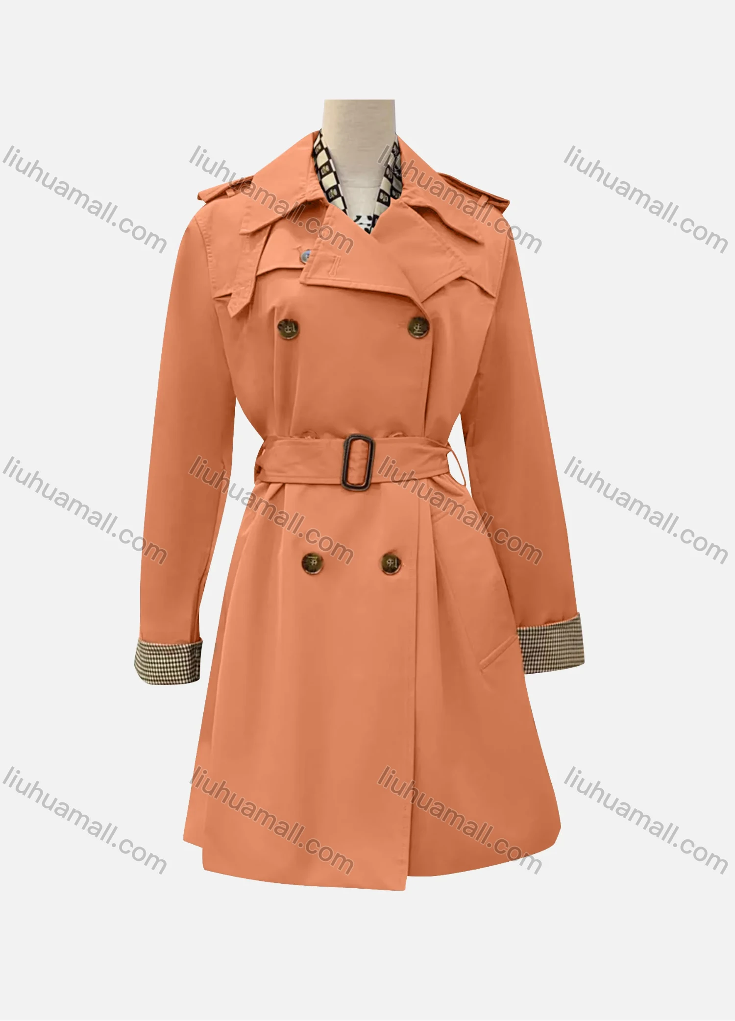Wholesale Women's Casual Plain Lapel Long Sleeve Double Breasted Trench Coat With Belt - Liuhuamall